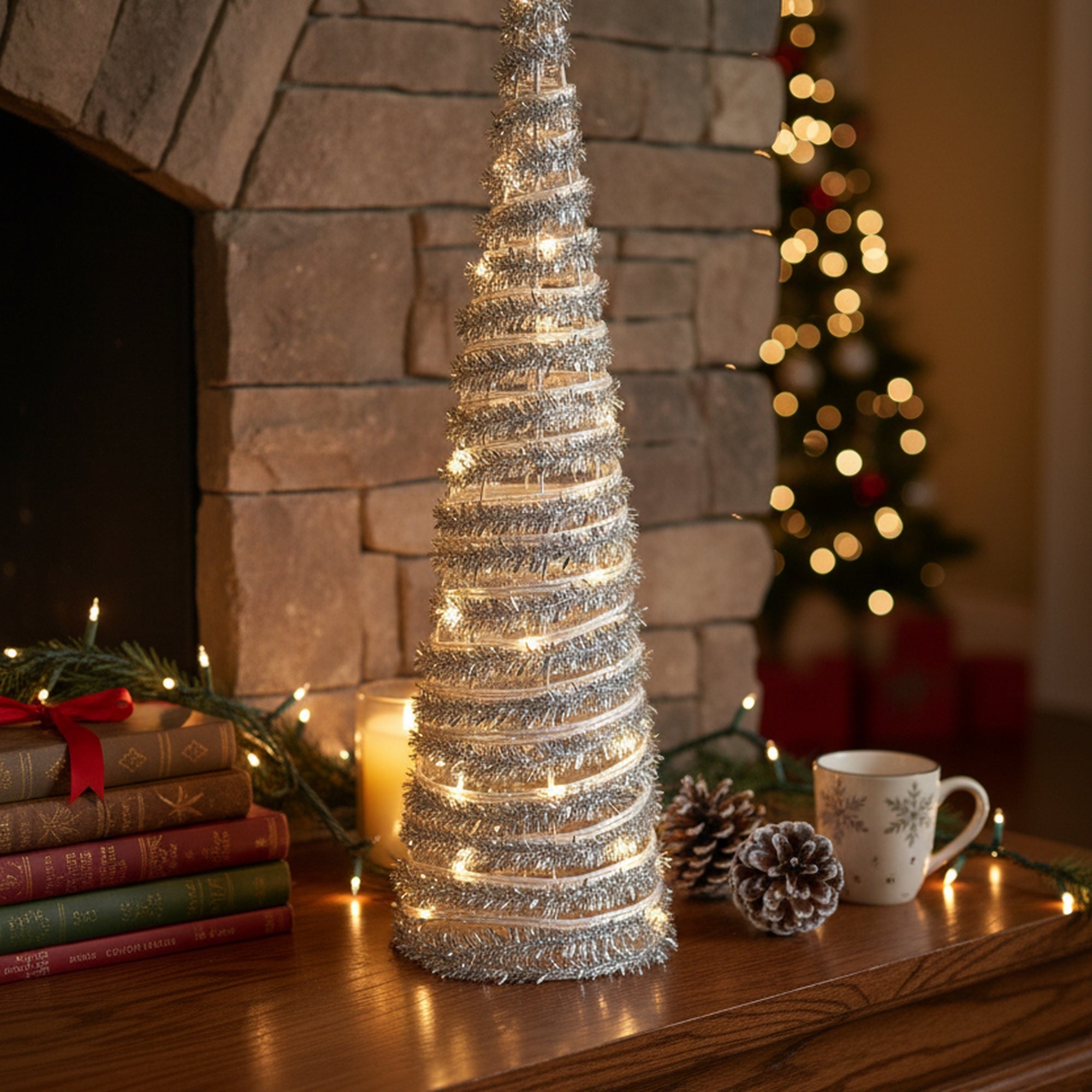 LED Silver Tinsel Cone Tree 15.5" With Timer, Tinsel Decor, Holiday Decor