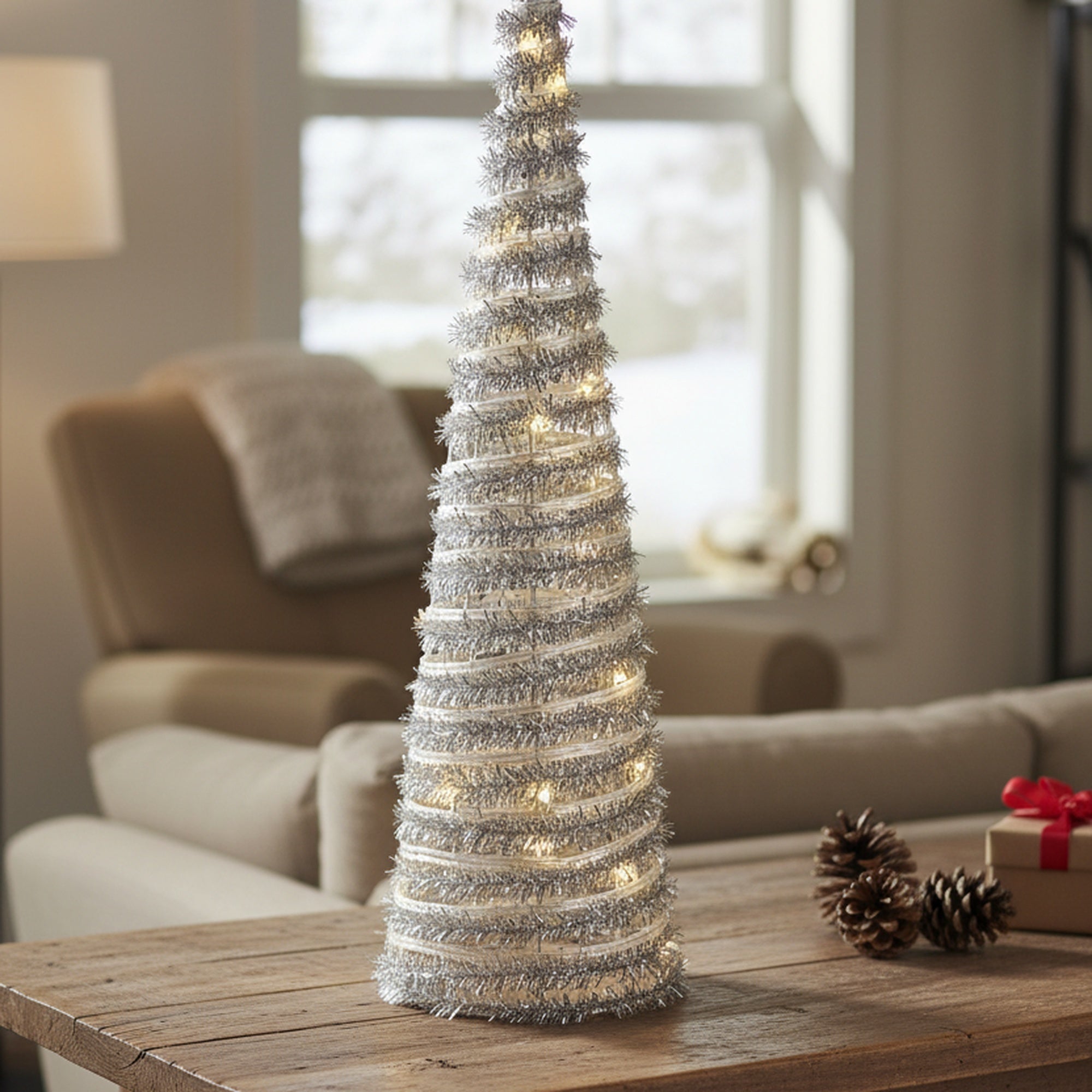 LED Silver Tinsel Cone Tree 15.5" With Timer, Tinsel Decor, Holiday Decor