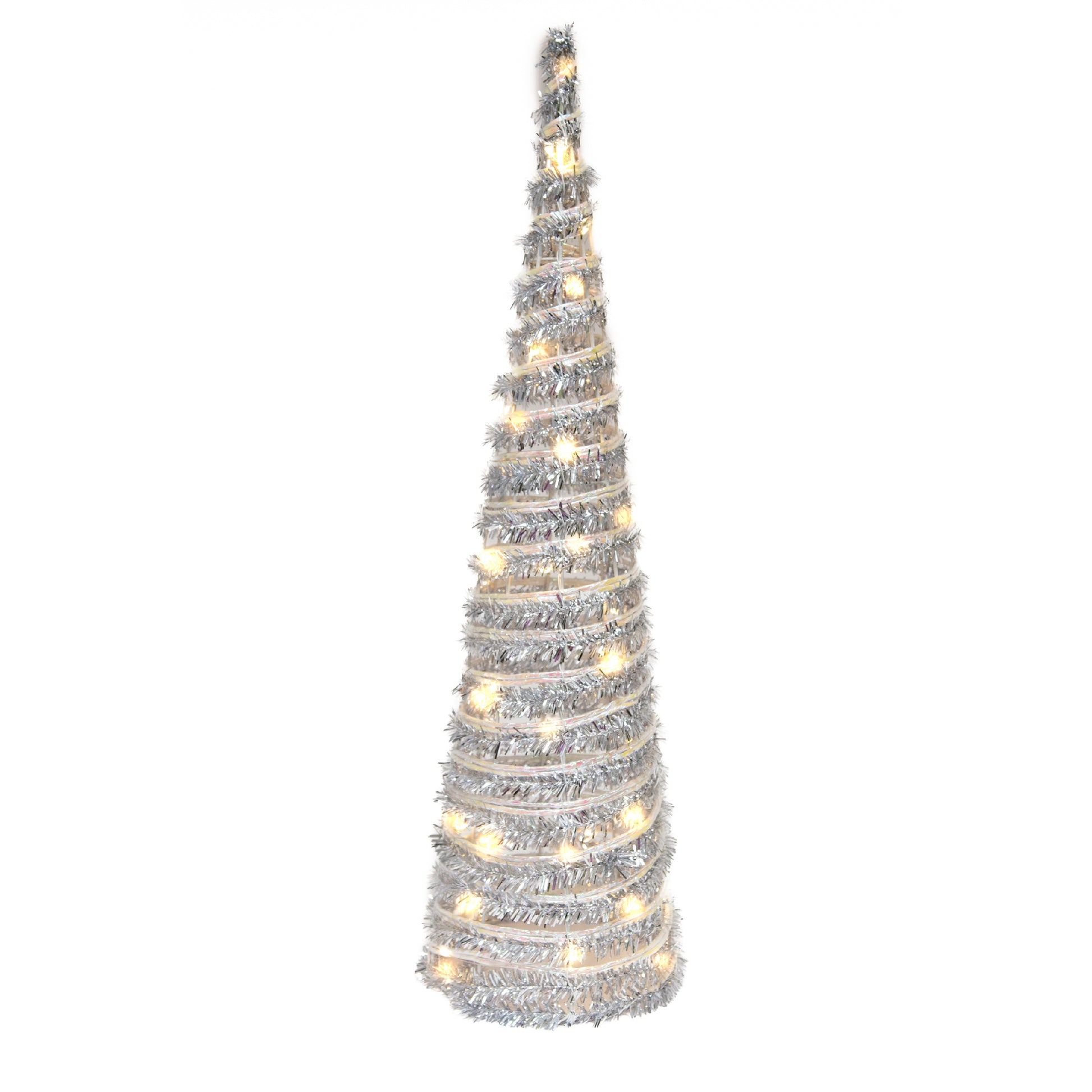 LED Silver Tinsel Cone Tree 15.5" With Timer, Tinsel Decor, Holiday Decor