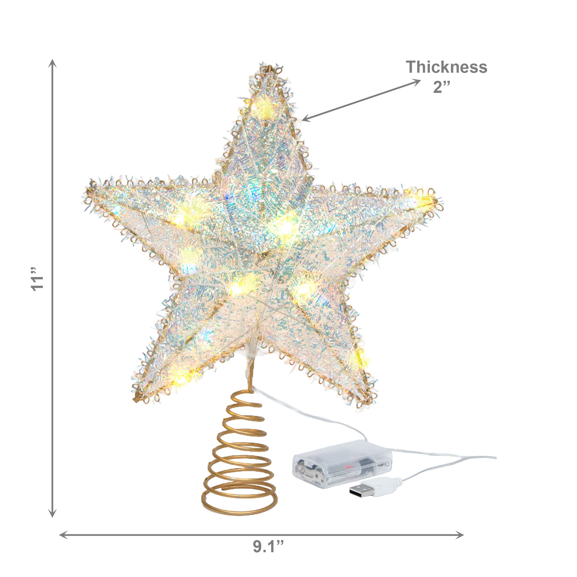 LED Iridescent Tinsel Tree Topper With Timer, Tinsel Decor, Holiday Decor