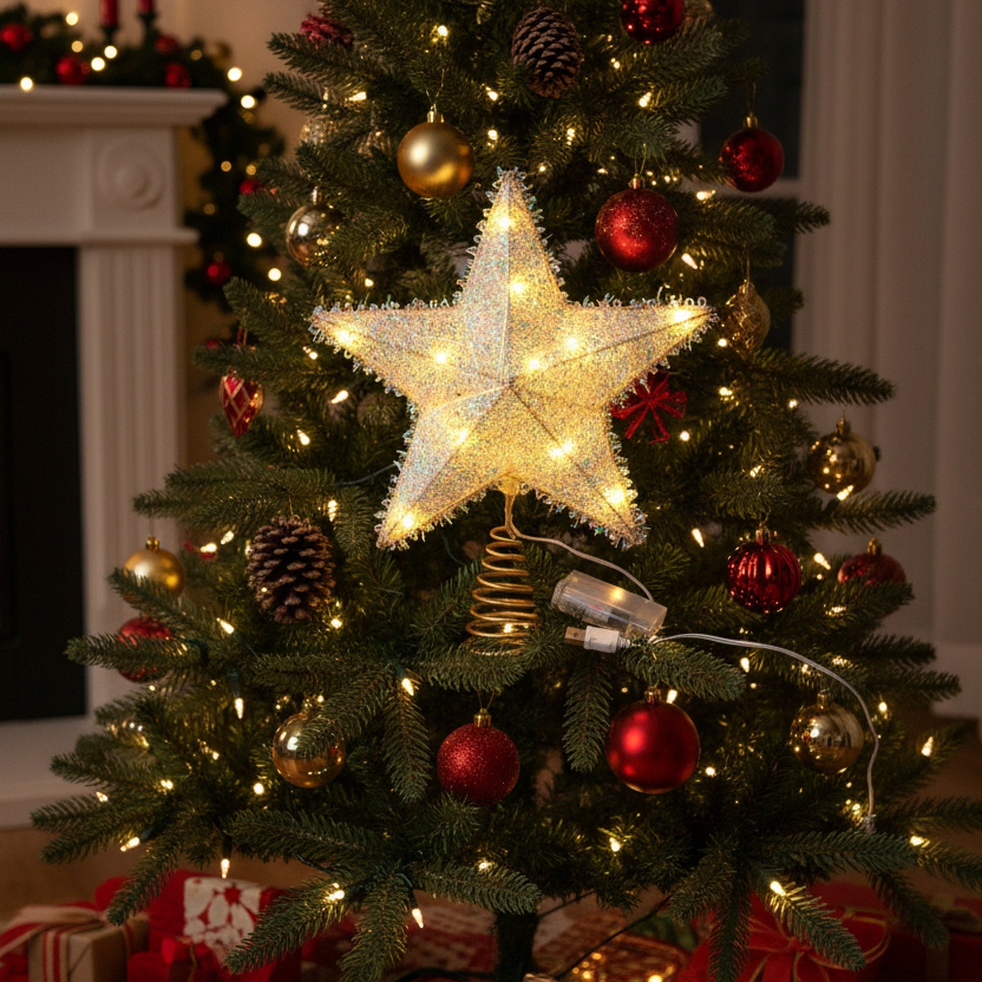 LED Iridescent Tinsel Tree Topper With Timer, Tinsel Decor, Holiday Decor