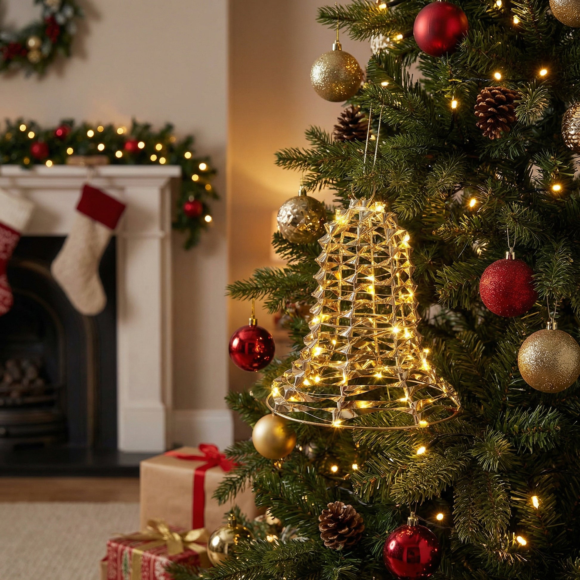 LED Gold Tinsel Bell With Timer, Tinsel Decor, Holiday Decor