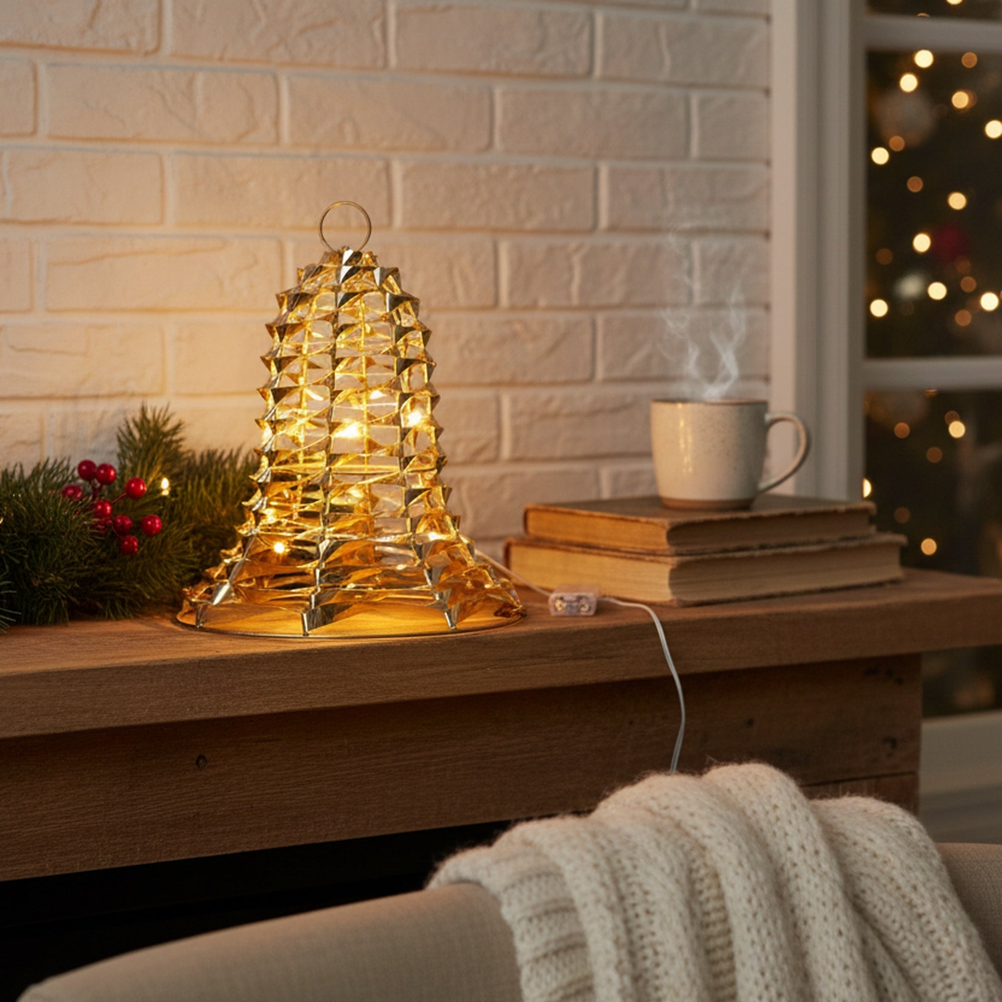LED Gold Tinsel Bell With Timer, Tinsel Decor, Holiday Decor