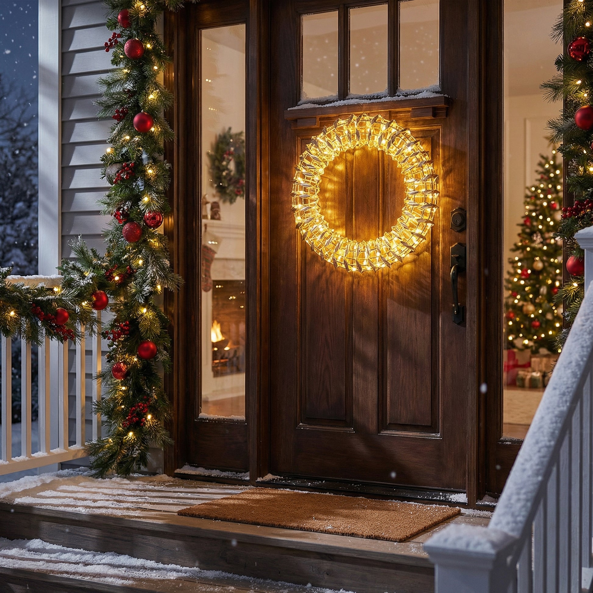 LED Gold Tinsel Wreath With Timer, Wreath, Holiday Decor