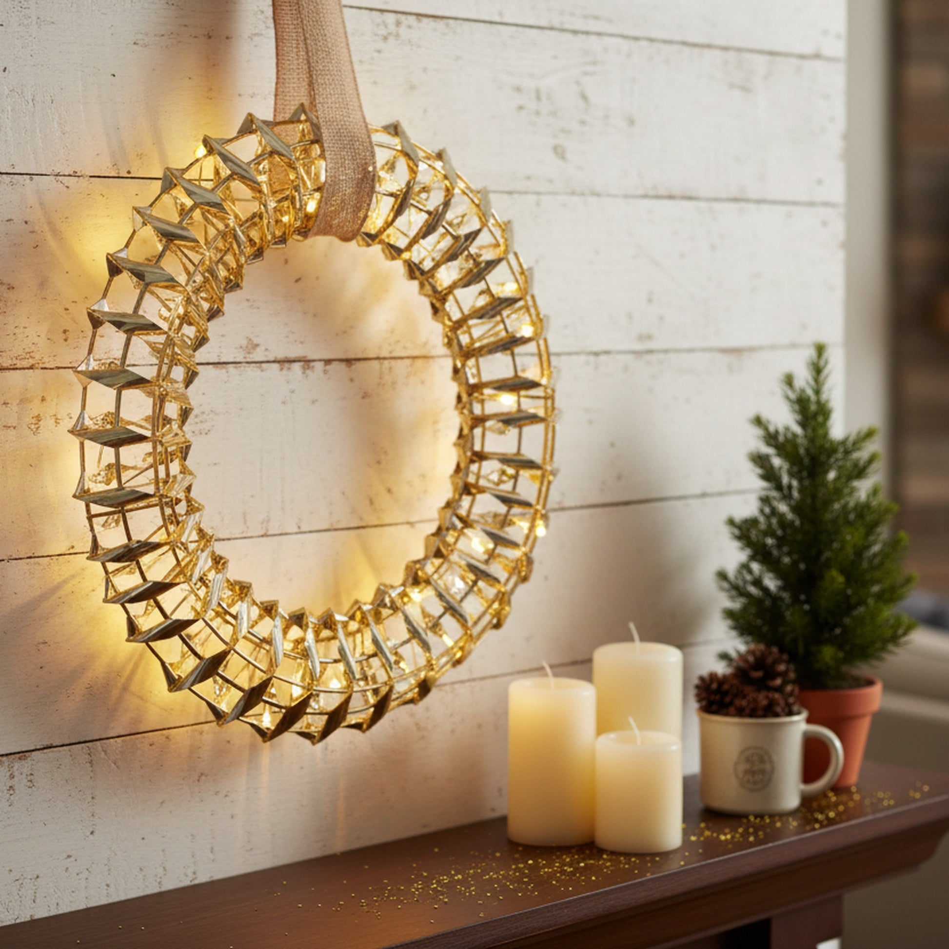 LED Gold Tinsel Wreath With Timer, Wreath, Holiday Decor