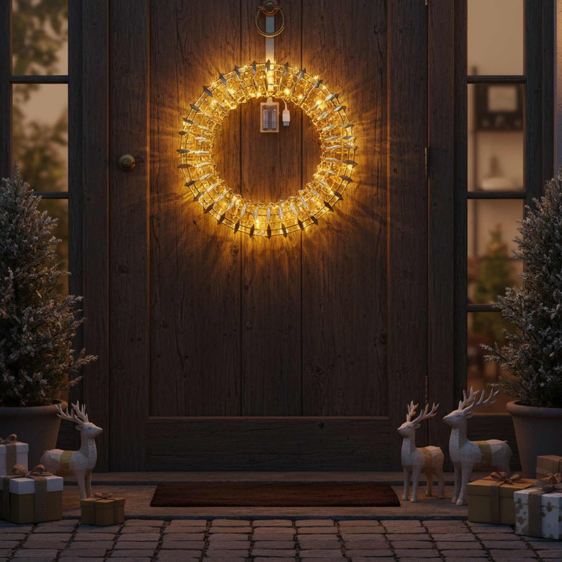 LED Gold Tinsel Wreath With Timer, Wreath, Holiday Decor