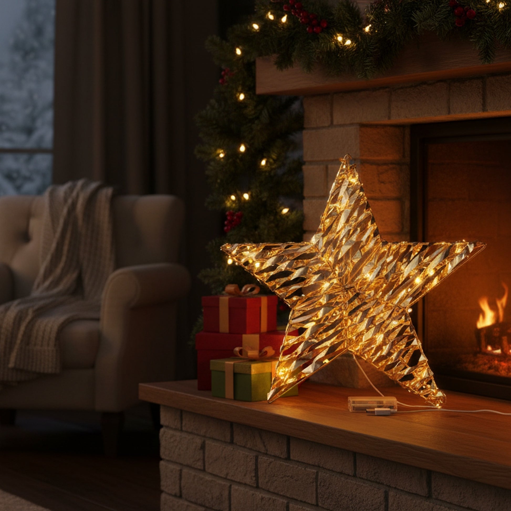 LED Gold Tinsel Star With Timer, Tinsel Decor, Holiday Decor