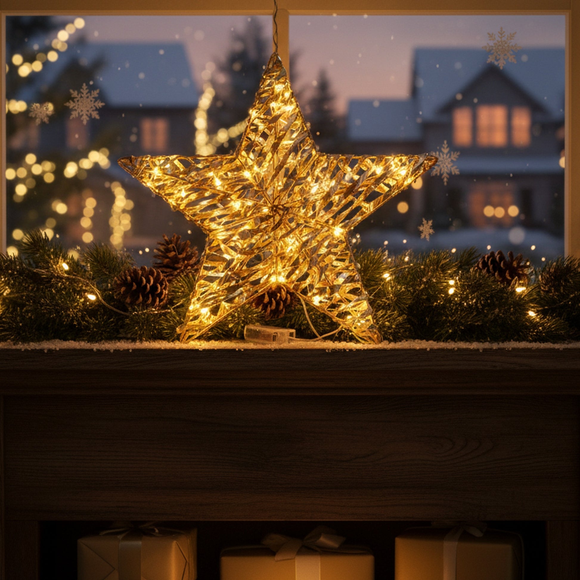 LED Gold Tinsel Star With Timer, Tinsel Decor, Holiday Decor