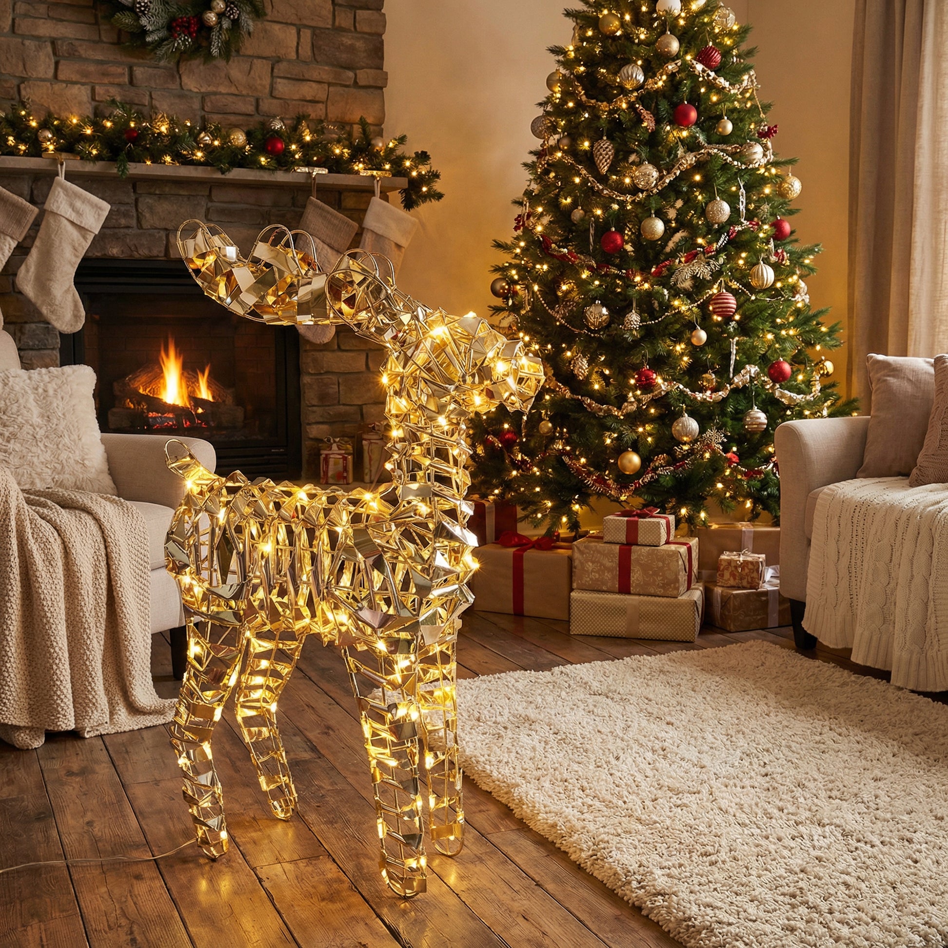 LED Gold Tinsel Reindeer With Timer, Christmas, Tinsel Decor, Holiday Decor