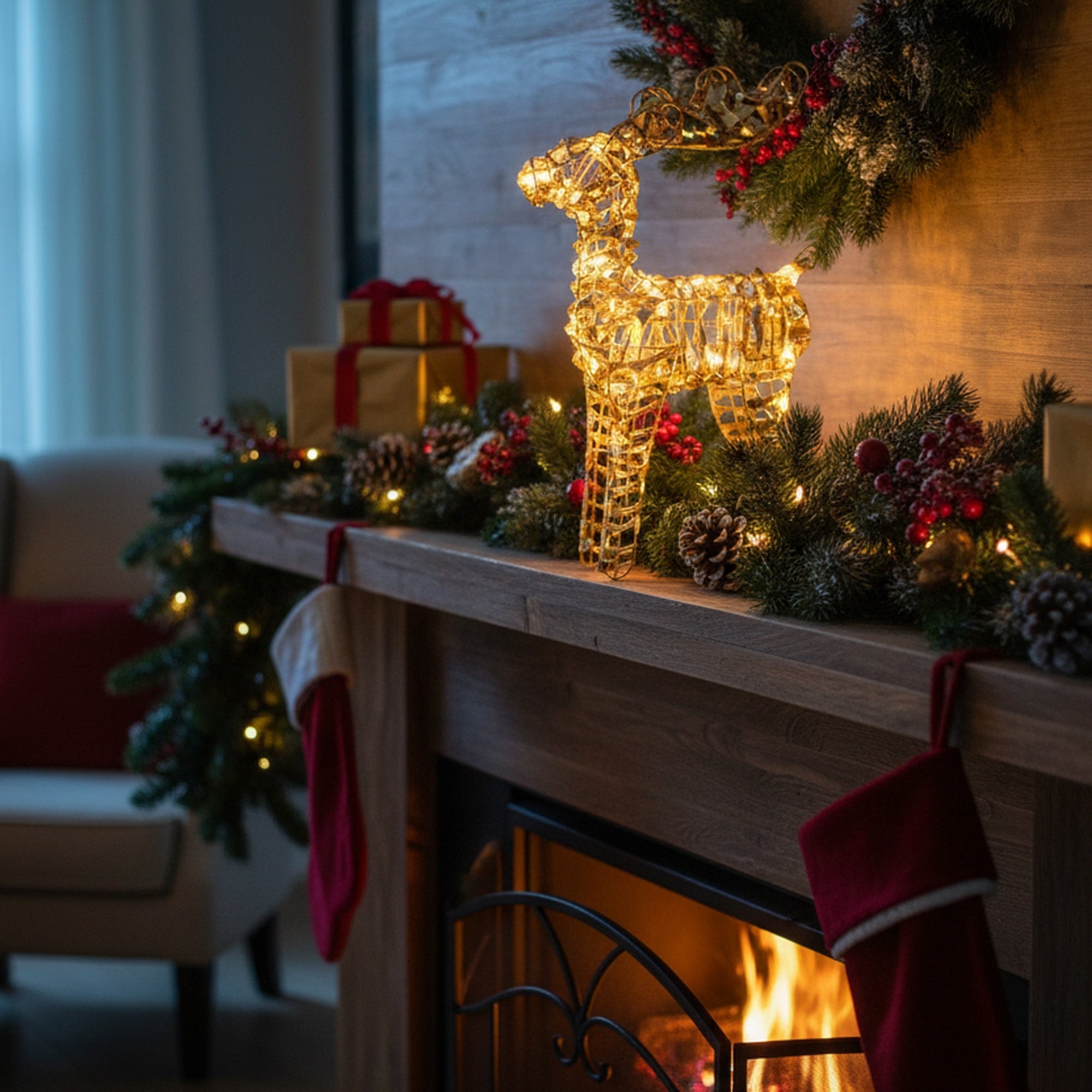 LED Gold Tinsel Reindeer With Timer, Christmas, Tinsel Decor, Holiday Decor