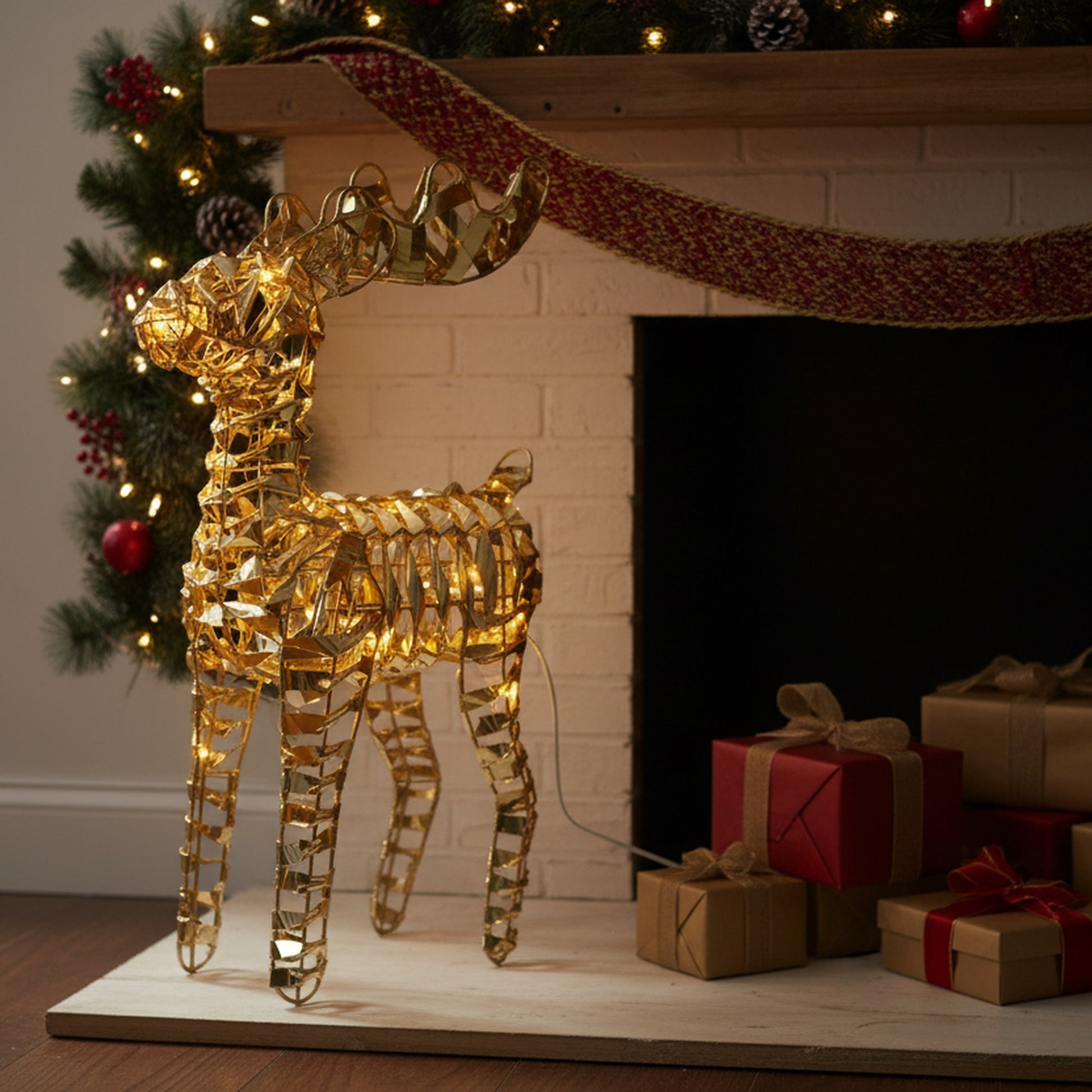 LED Gold Tinsel Reindeer With Timer, Christmas, Tinsel Decor, Holiday Decor