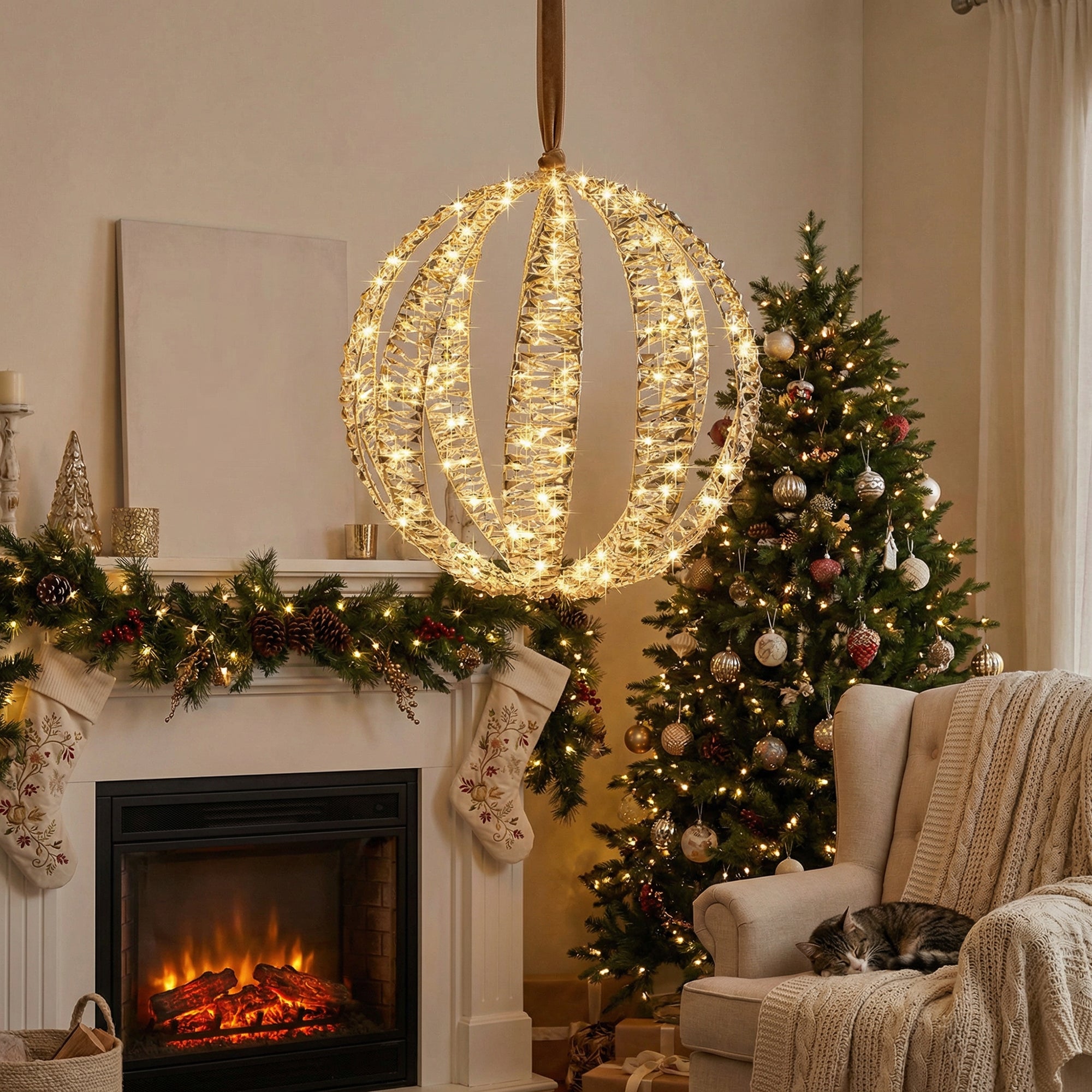 LED Lighted Gold Ball Decor Small 600 Light With Timer, Holiday Decor