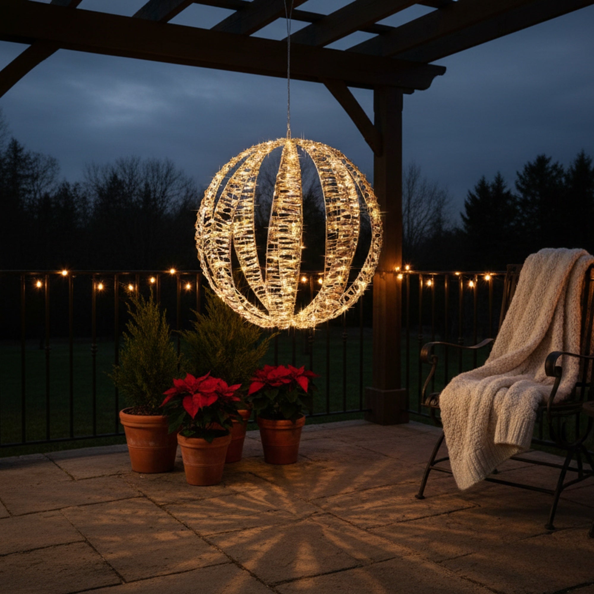 LED Lighted Gold Ball Decor Small 600 Light With Timer, Holiday Decor