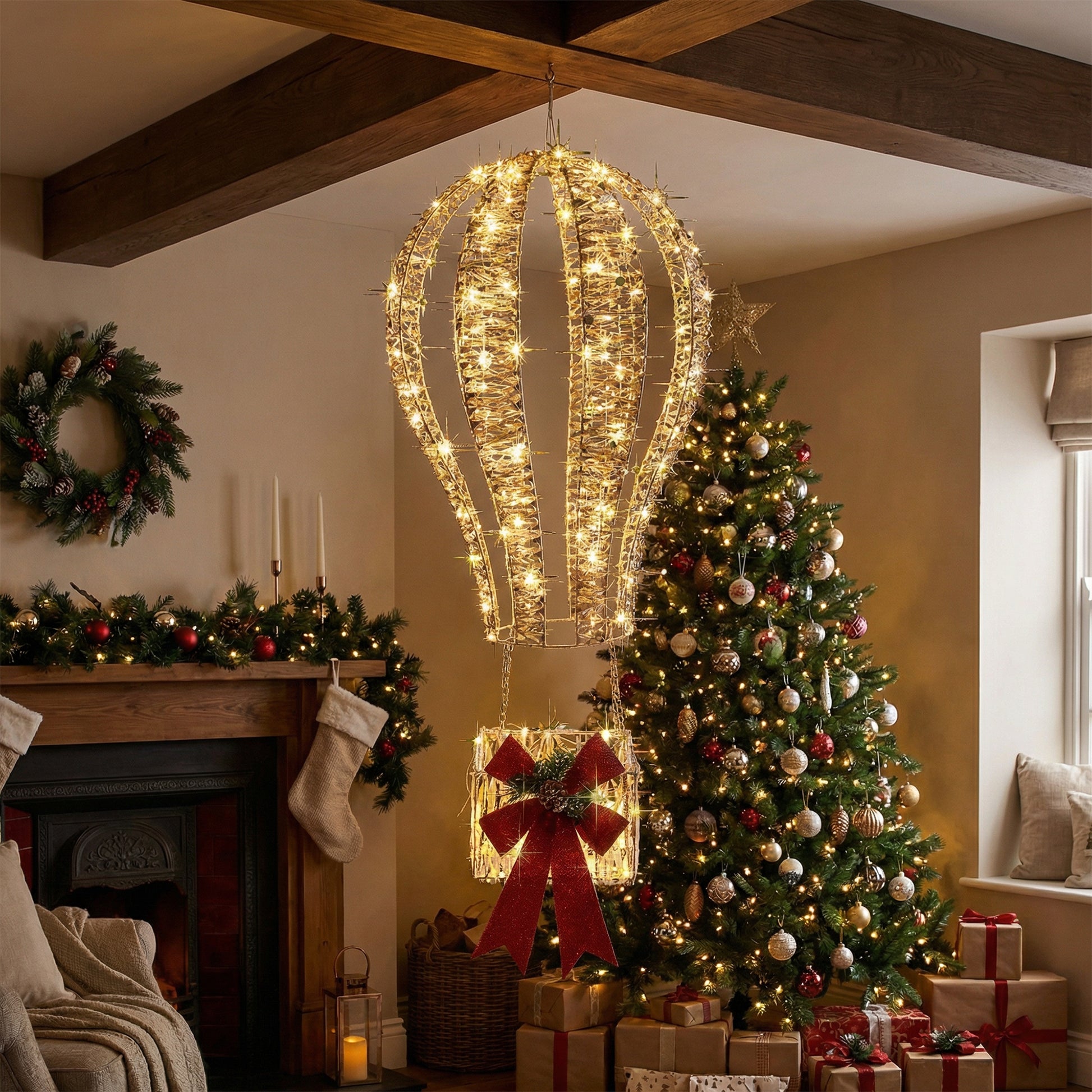 LED Lighted Gold Balloon Lantern Decor 540 Light With Timer, Lantern, Holiday Decor