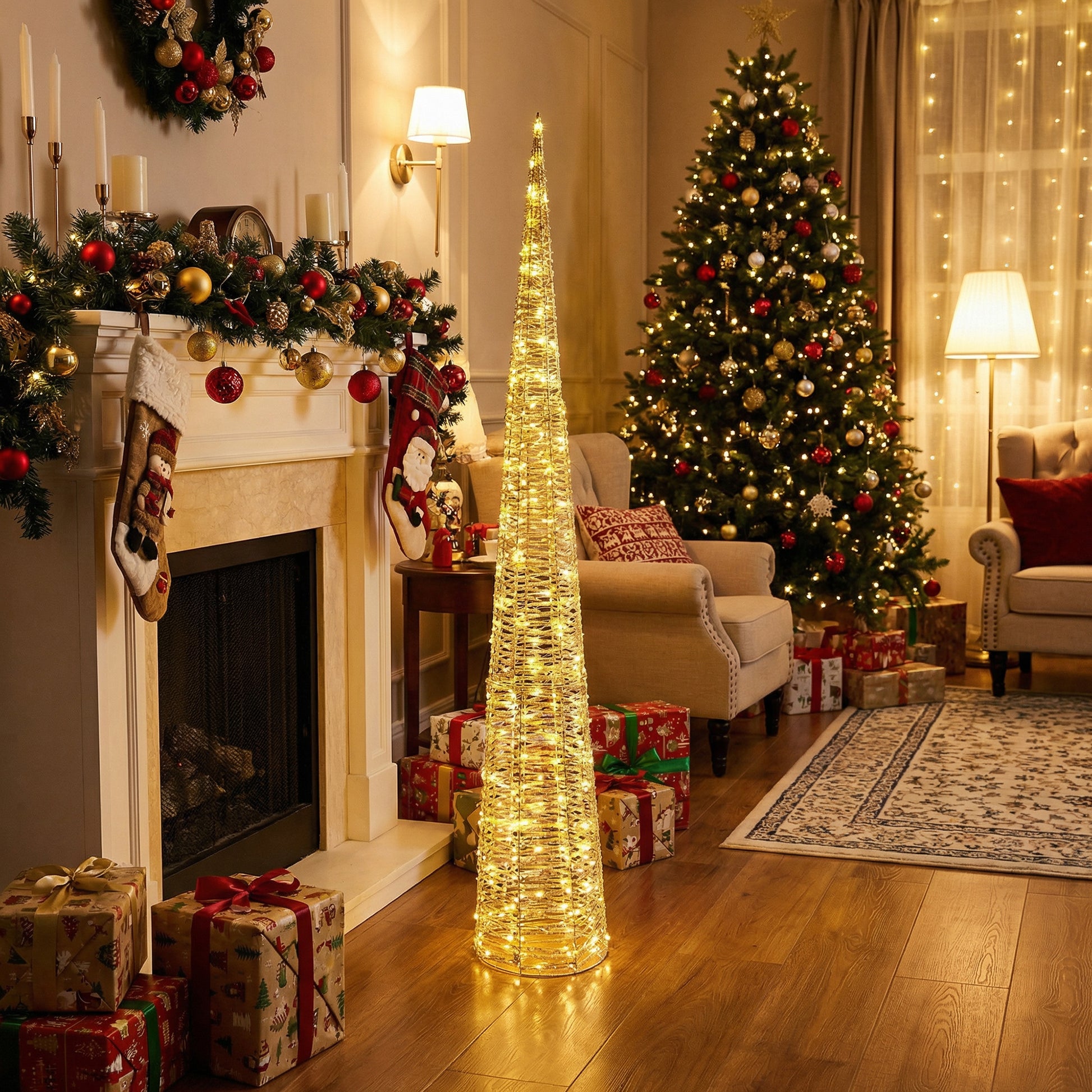 LED Lighted Gold Cone Tree Decor 1800 Light With Timer, Holiday Decor