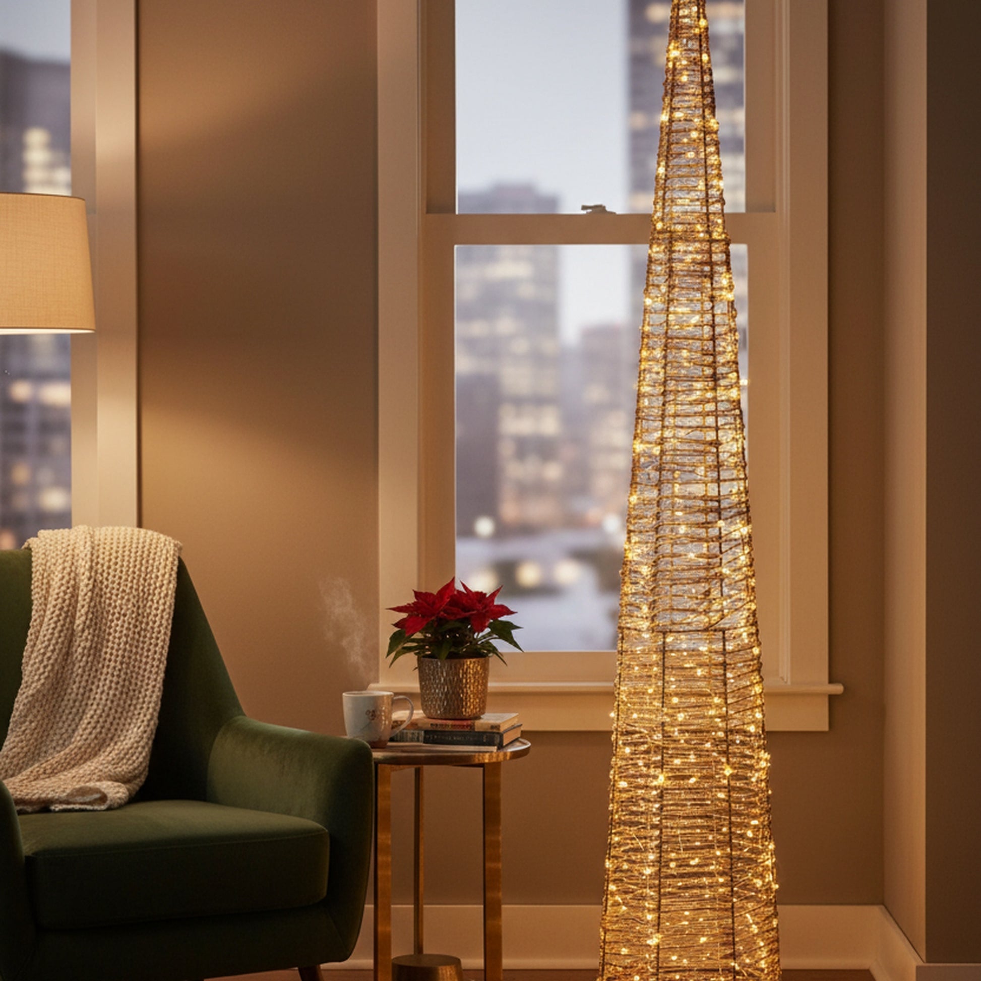 LED Lighted Gold Cone Tree Decor 1800 Light With Timer, Holiday Decor