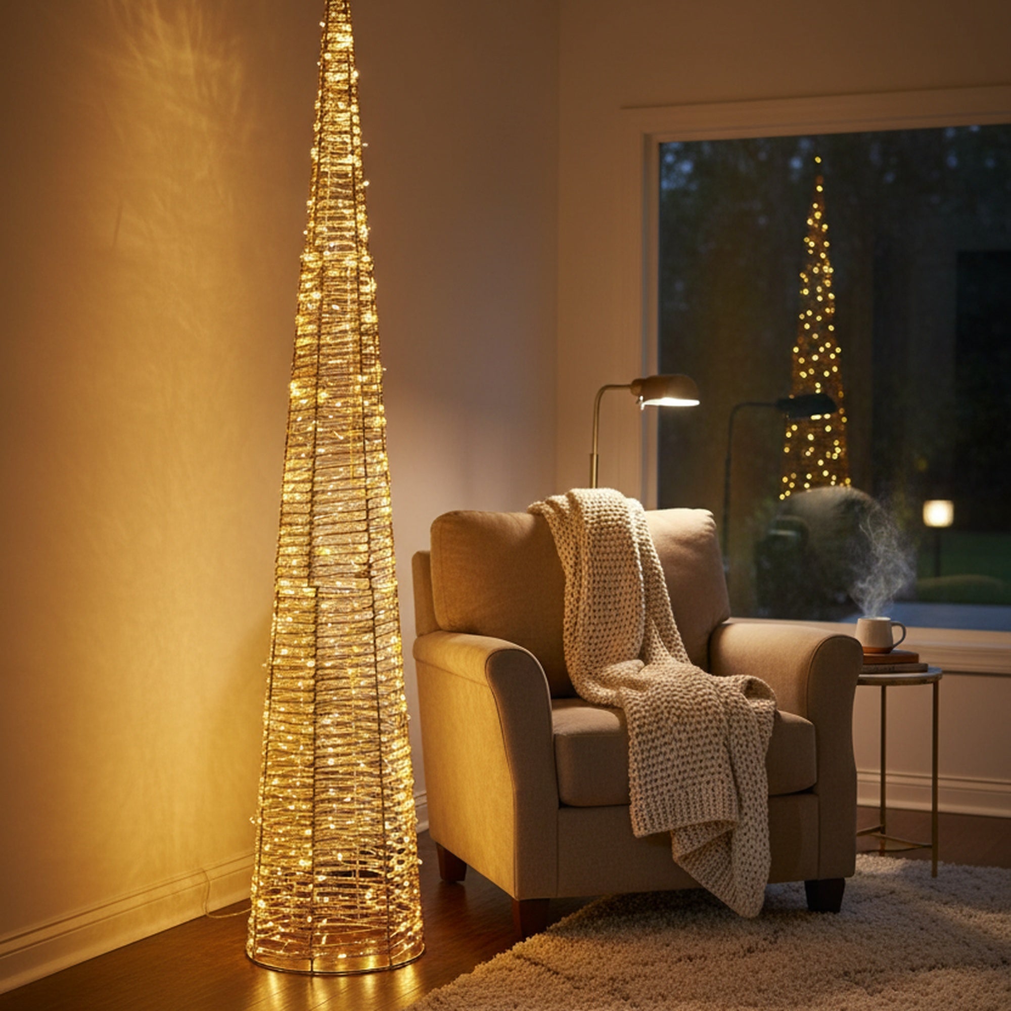 LED Lighted Gold Cone Tree Decor 1800 Light With Timer, Holiday Decor
