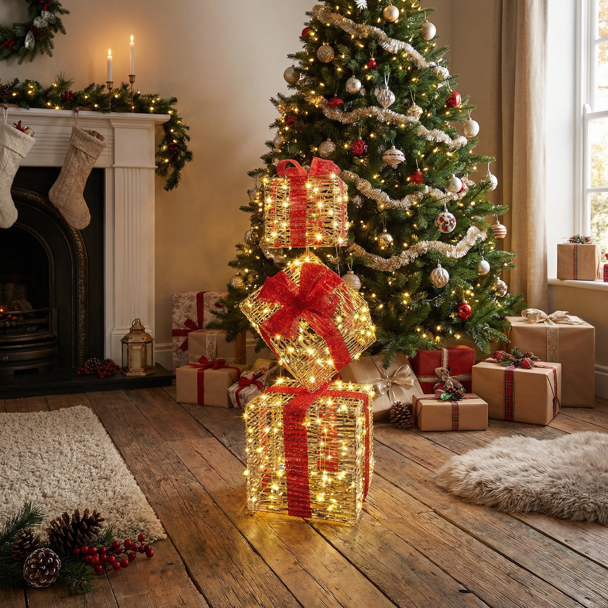 LED Lighted Gold Gift Boxes Decor 2000 Light With Timer, Holiday Decor
