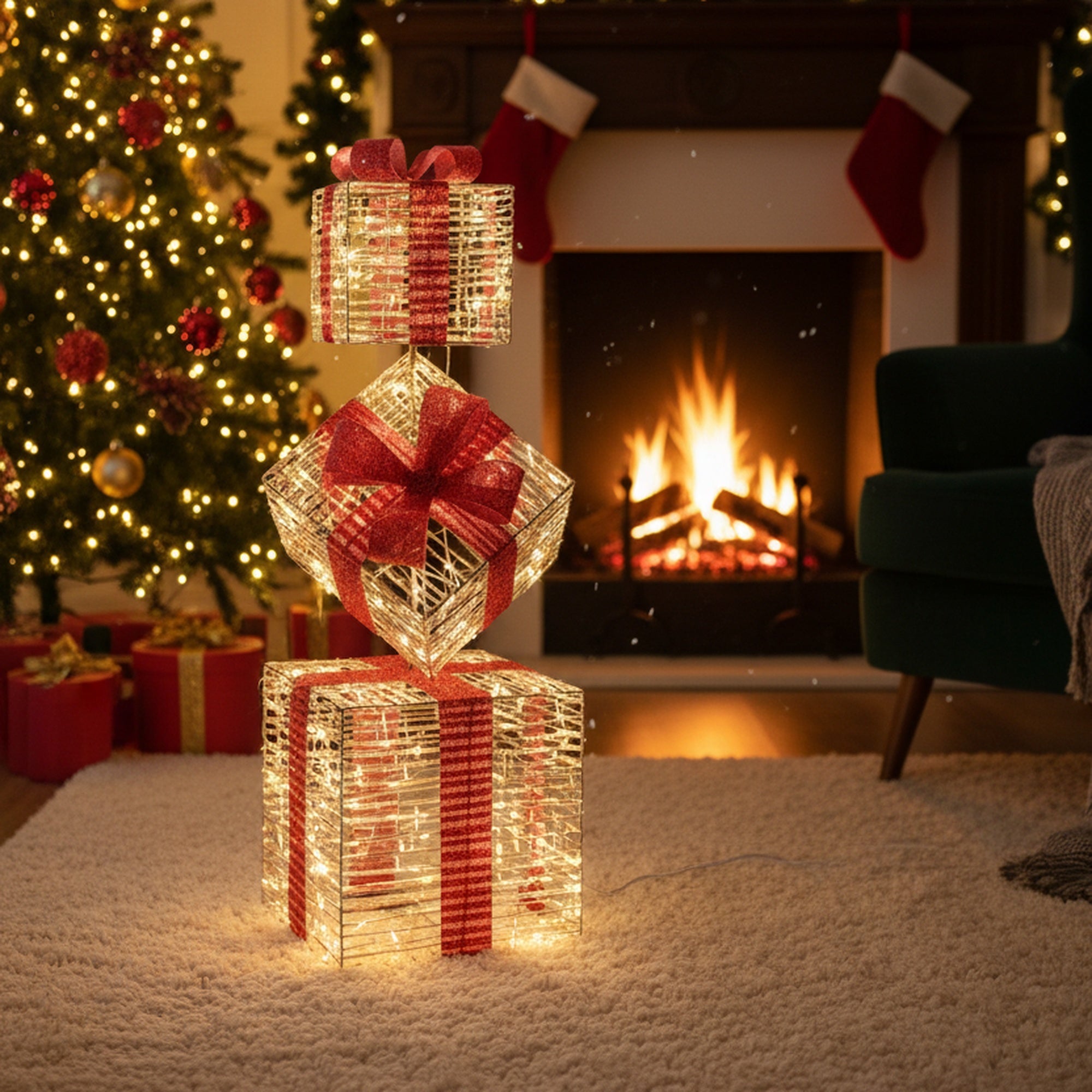 LED Lighted Gold Gift Boxes Decor 2000 Light With Timer, Holiday Decor