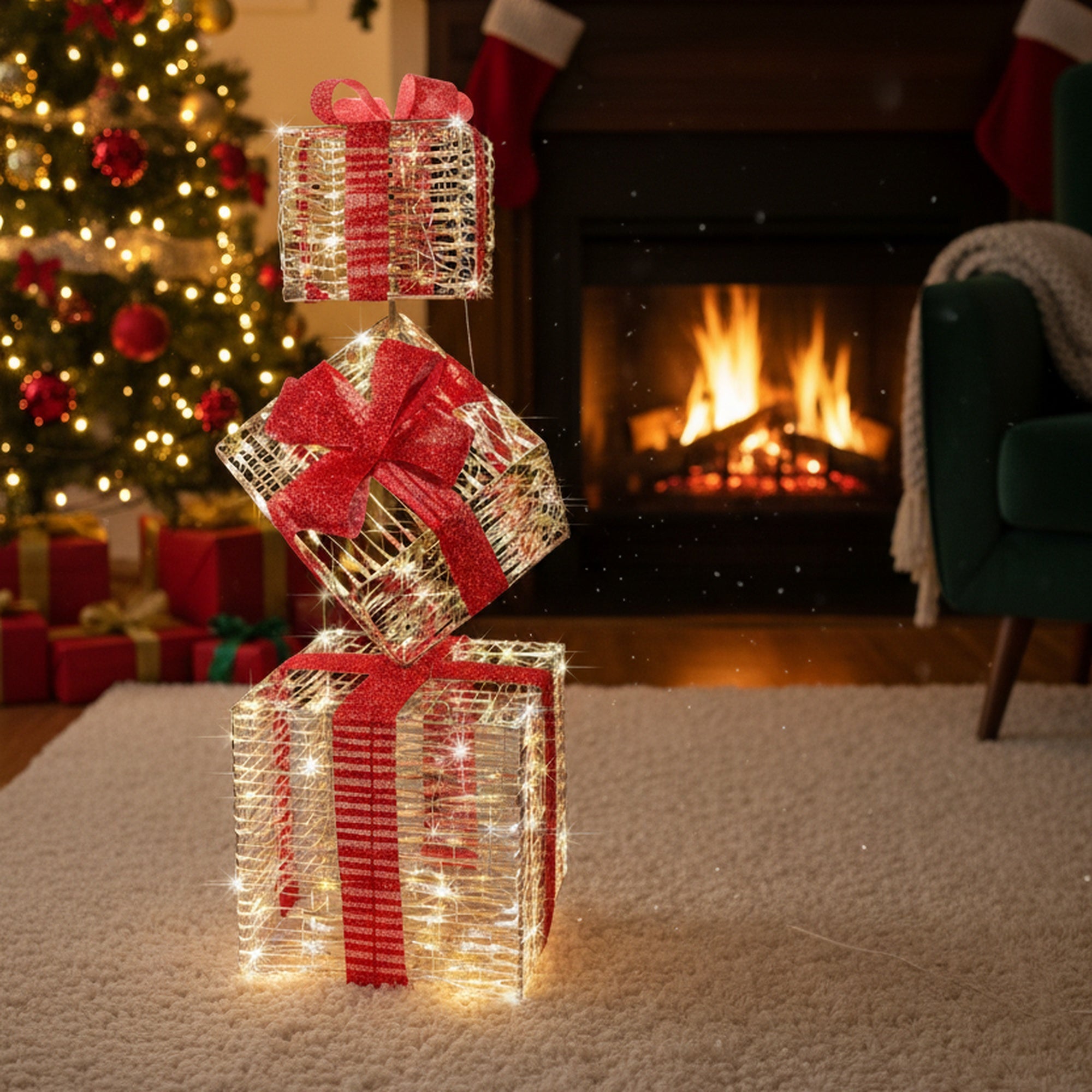 LED Lighted Gold Gift Boxes Decor 2000 Light With Timer, Holiday Decor