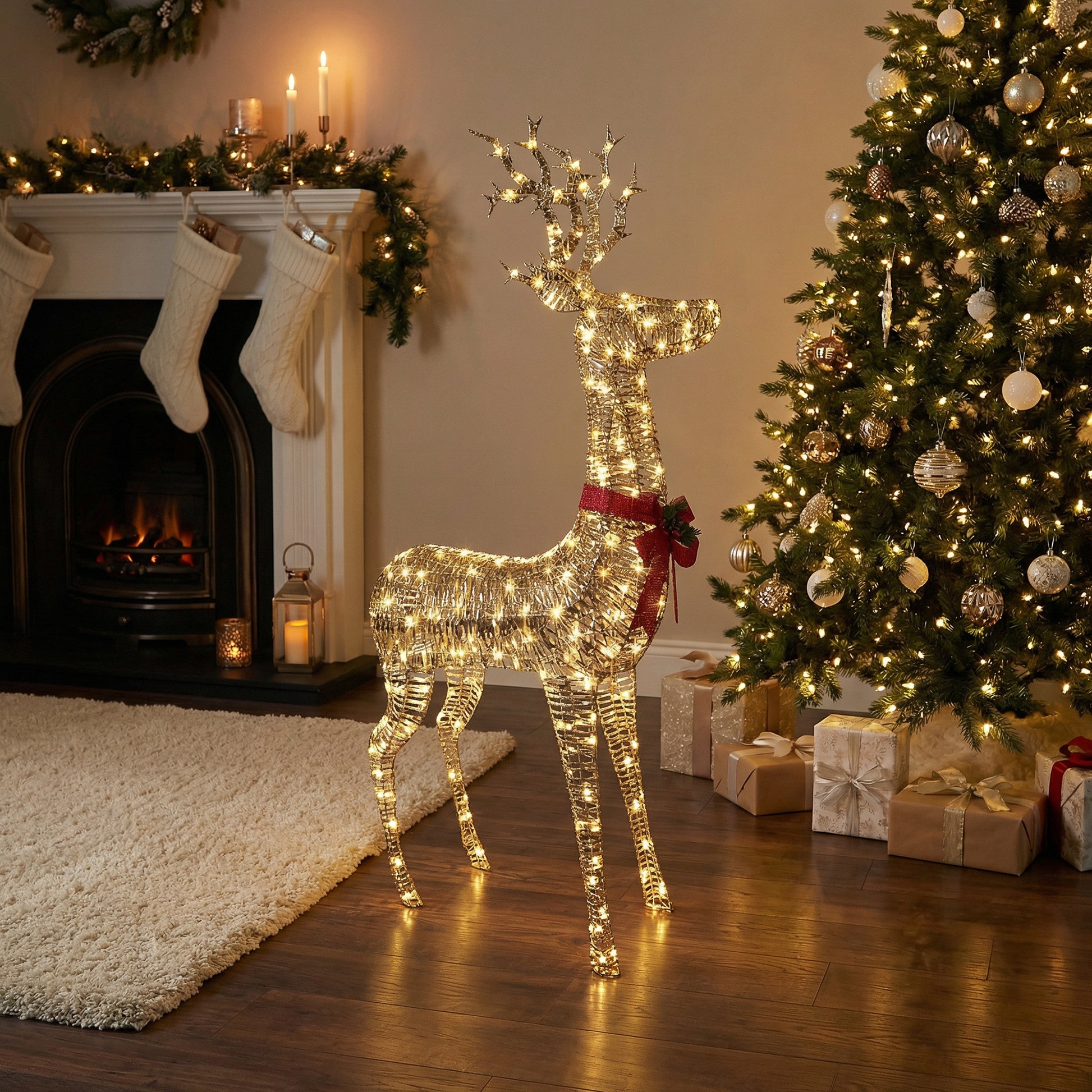 LED Lighted Gold Reindeer Decor 1000 Light With Timer, Christmas, Holiday Decor