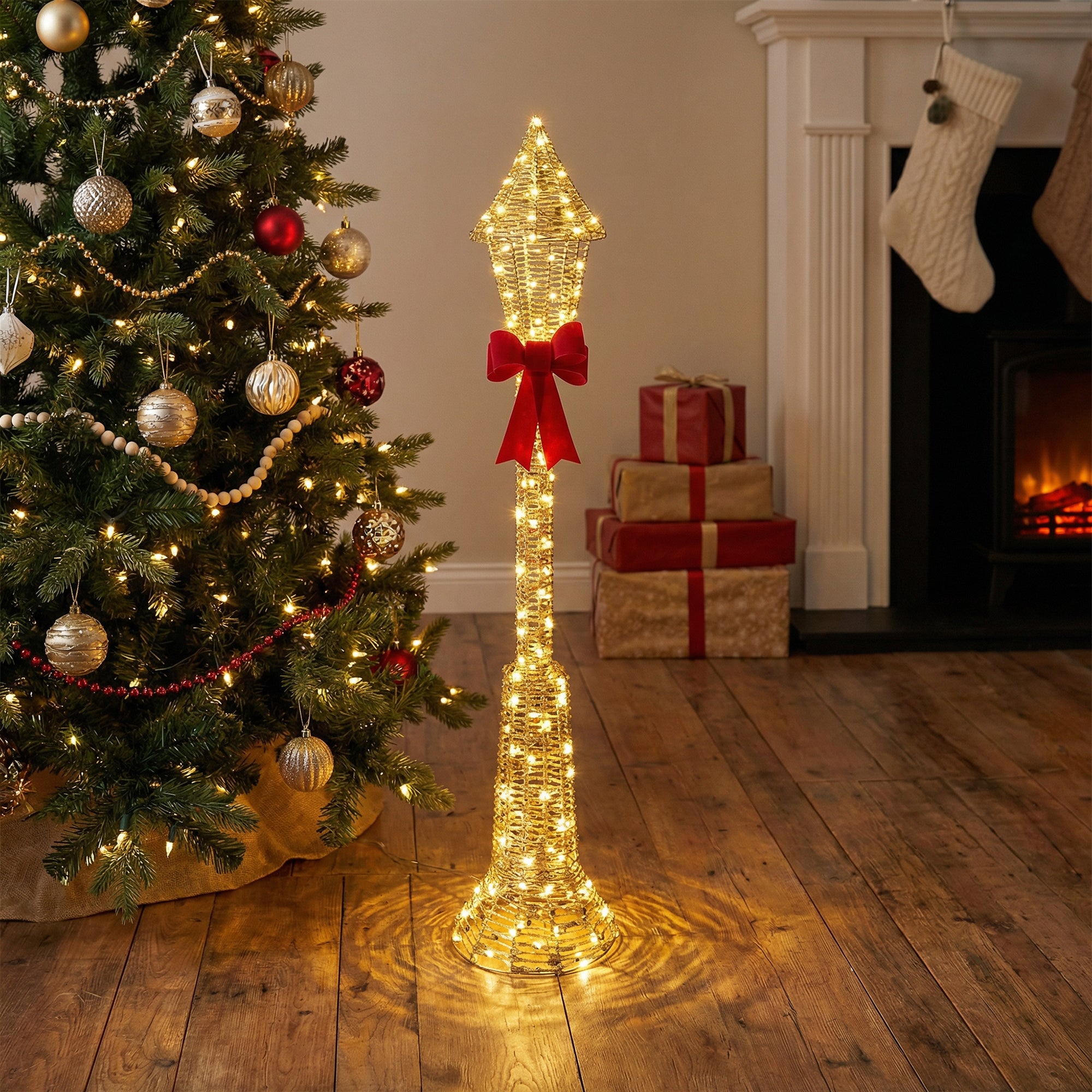 LED Lighted Gold Lamp Post Decor 1200 Light With Timer, Holiday Decor