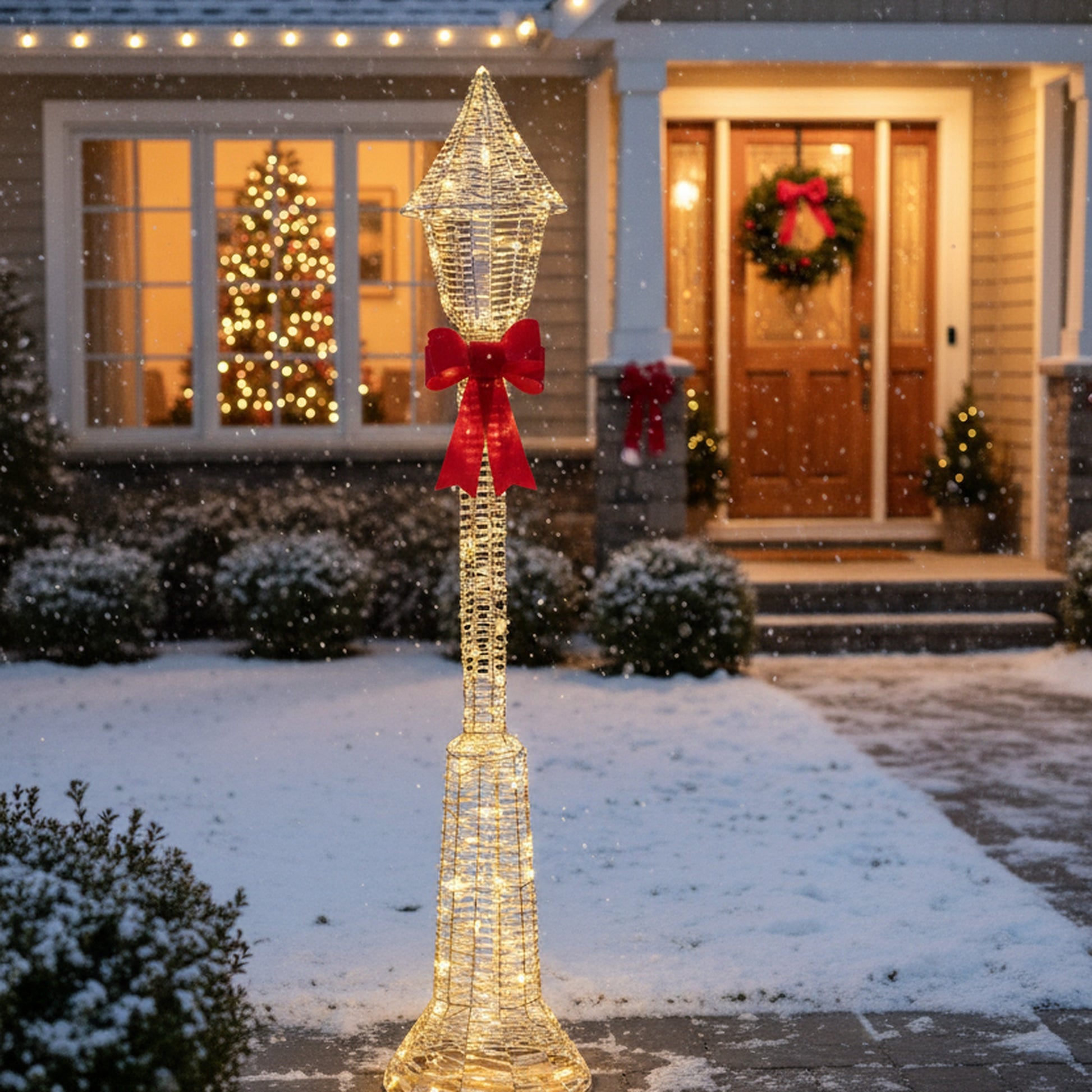 LED Lighted Gold Lamp Post Decor 1200 Light With Timer, Holiday Decor