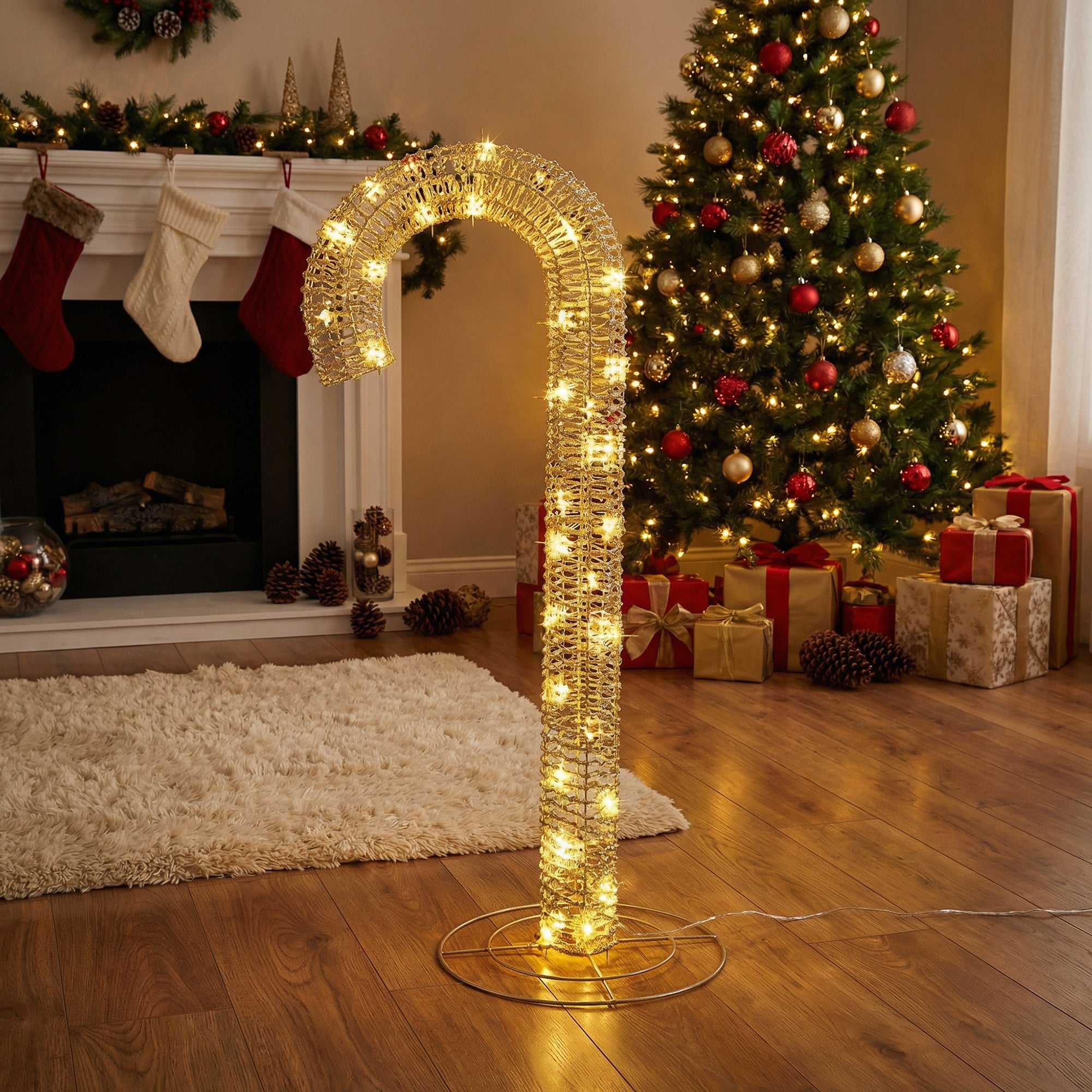 LED Lighted Gold Candy Cane Decor 700 Light With Timer, Holiday Decor