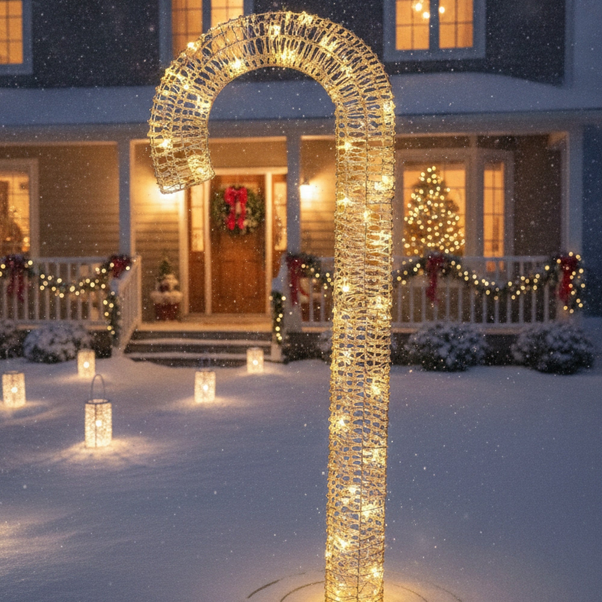 LED Lighted Gold Candy Cane Decor 700 Light With Timer, Holiday Decor