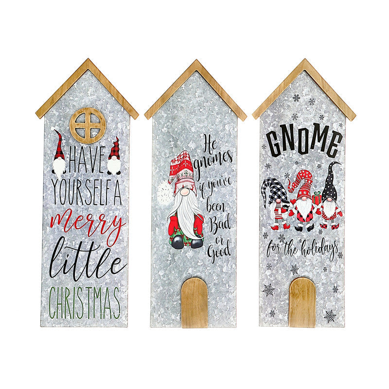 House-Shaped Galvanized Gnome Greetings – Assorted, Holiday Decoration – Set of 3