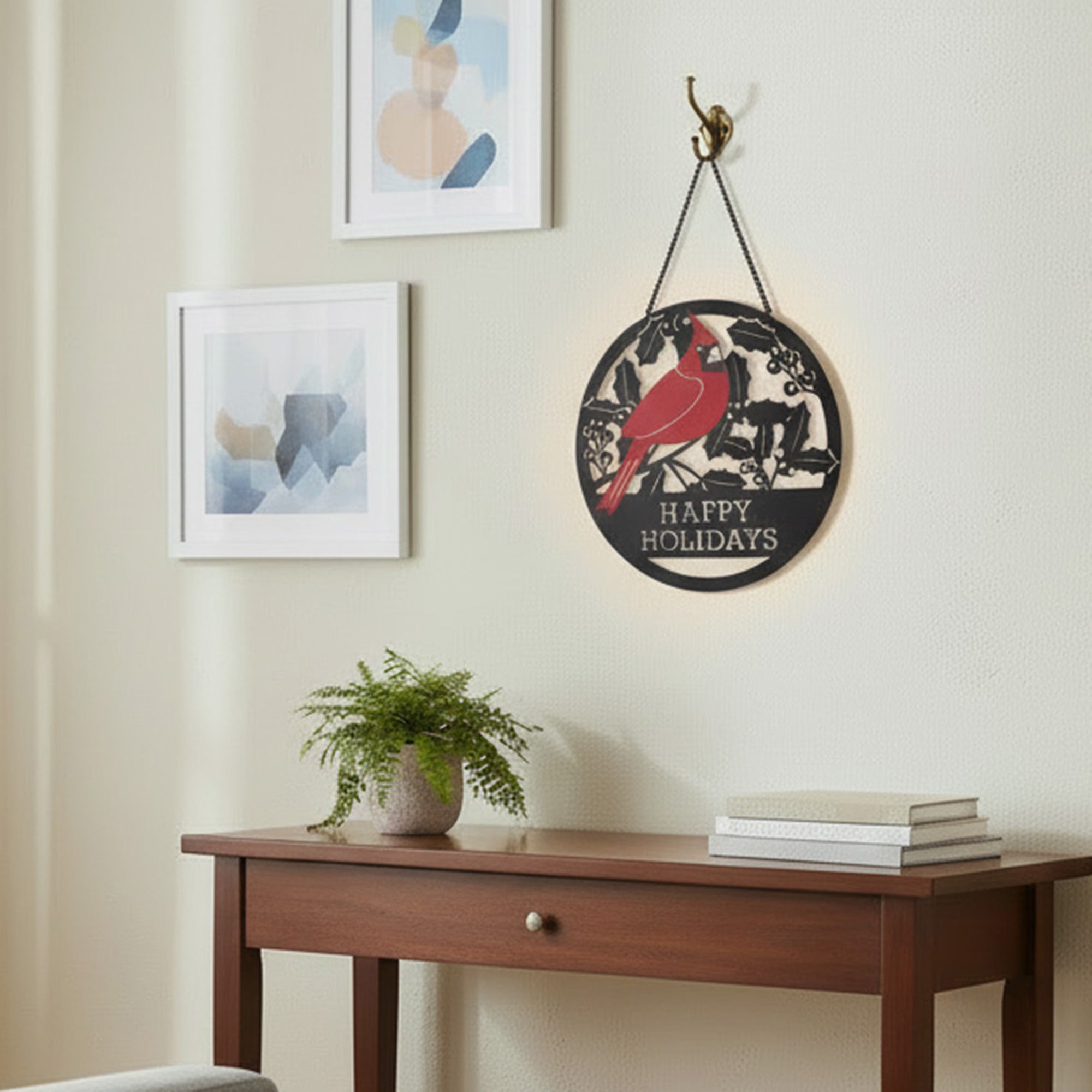Round Metal Laser Cut Hanger Cardinal Happy Holidays, Christmas, Holiday Decor