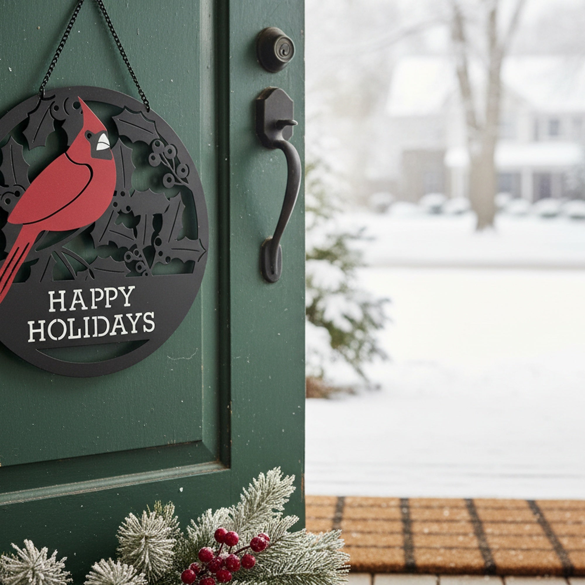 Round Metal Laser Cut Hanger Cardinal Happy Holidays, Christmas, Holiday Decor