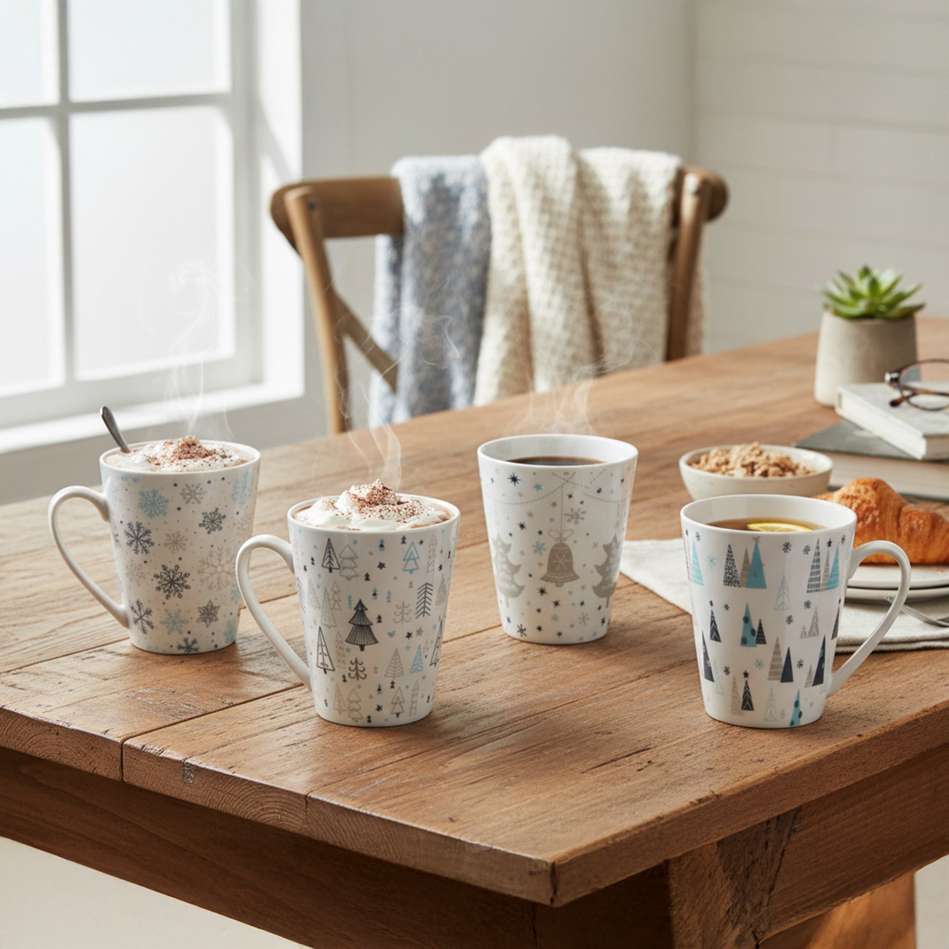 Ceramic Mugs Assorted Frosty Winter, Christmas, Holiday Decor- Set of 4