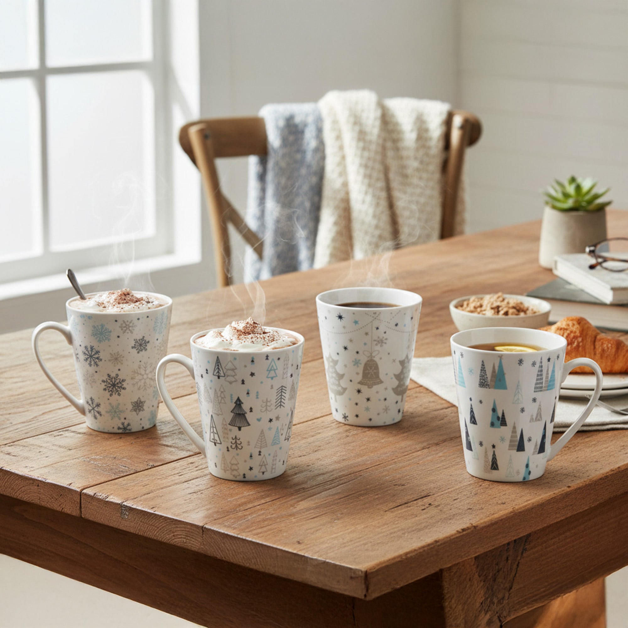 Ceramic Mugs Assorted Frosty Winter, Christmas, Holiday Decor- Set of 4