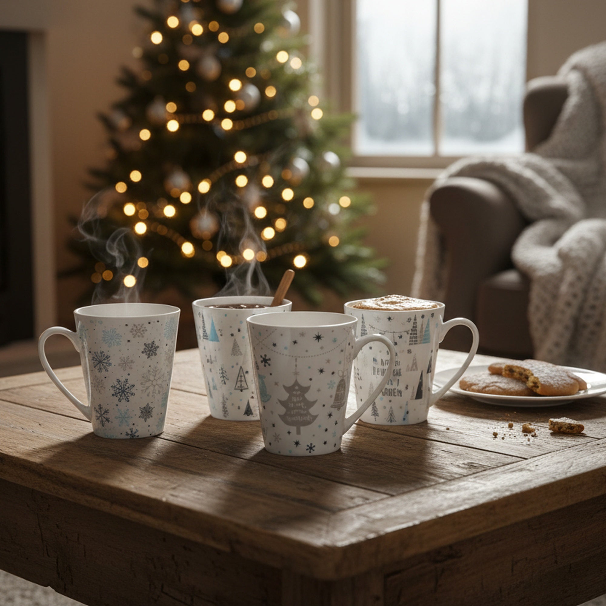 Ceramic Mugs Assorted Frosty Winter, Christmas, Holiday Decor- Set of 4