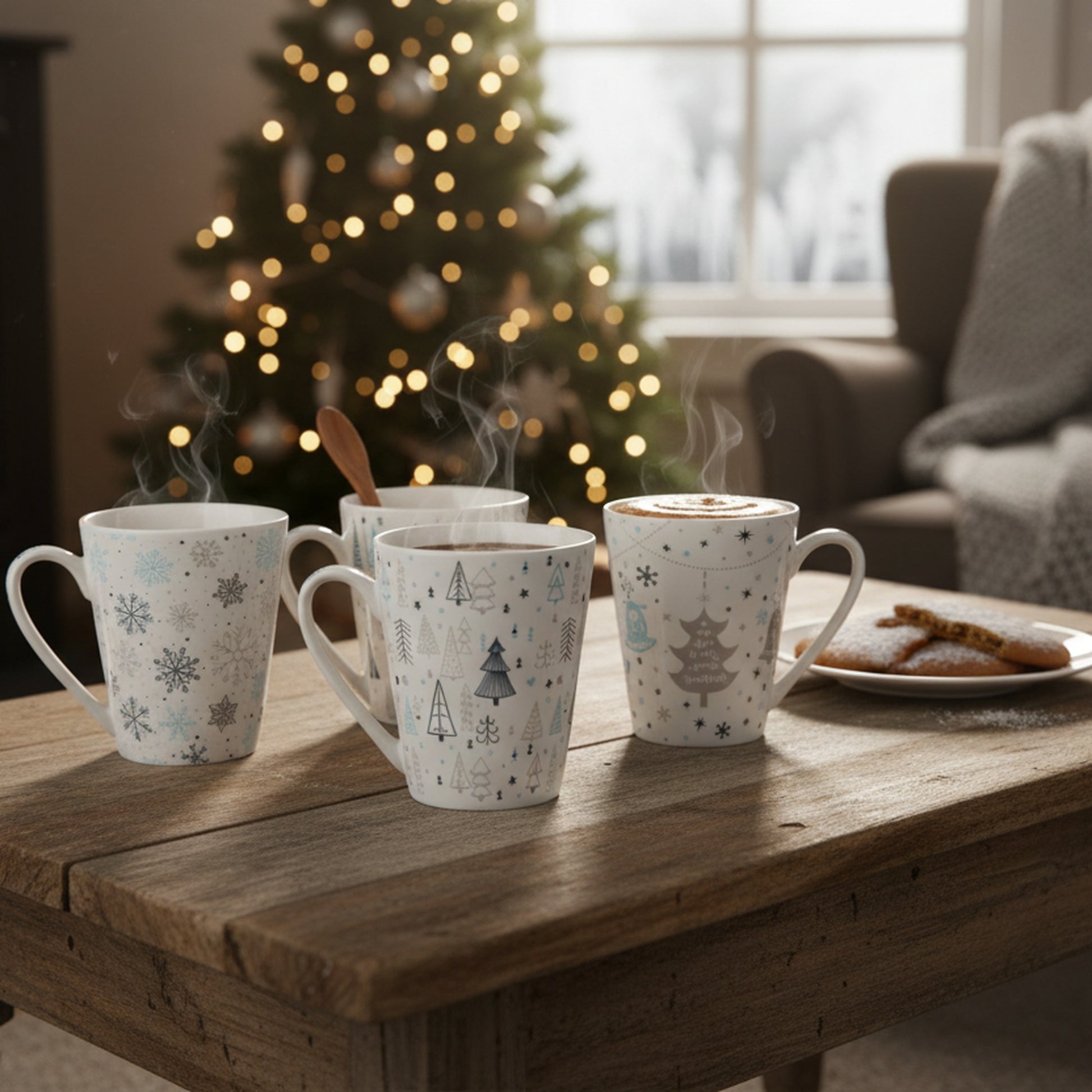 Ceramic Mugs Assorted Frosty Winter, Christmas, Holiday Decor- Set of 4