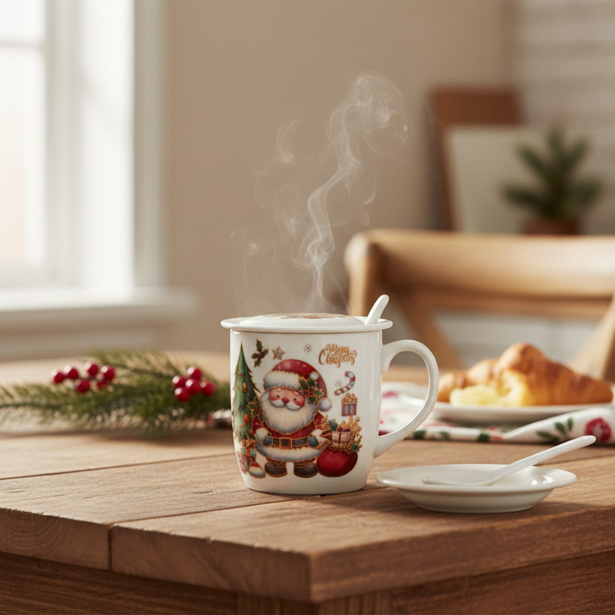 Ceramic Mug with Lid and Spoon Gift Set Merry Christmas Assorted, Christmas, Coffee Mug, Holiday Decor