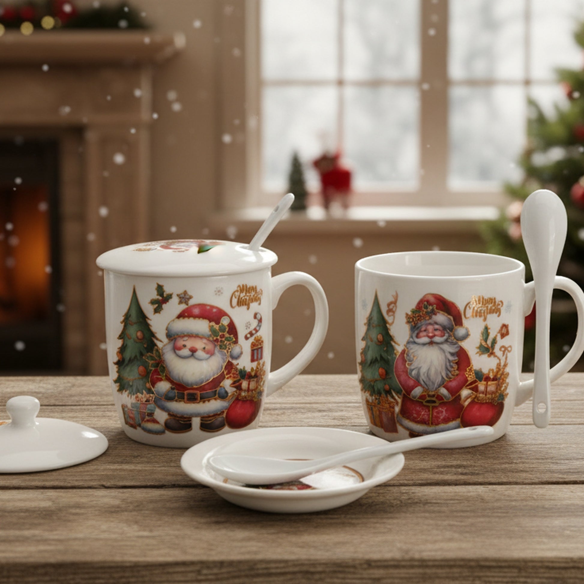 Ceramic Mug with Lid and Spoon Gift Set Merry Christmas Assorted, Christmas, Coffee Mug, Holiday Decor