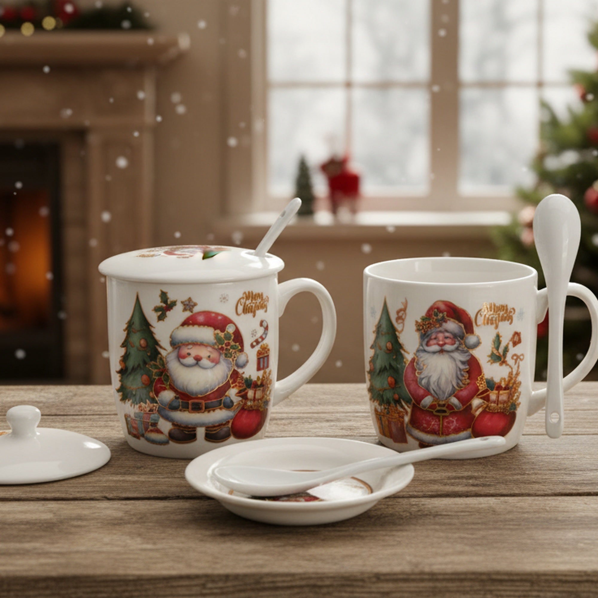 Ceramic Mug with Lid and Spoon Gift Set Merry Christmas Assorted, Christmas, Coffee Mug, Holiday Decor