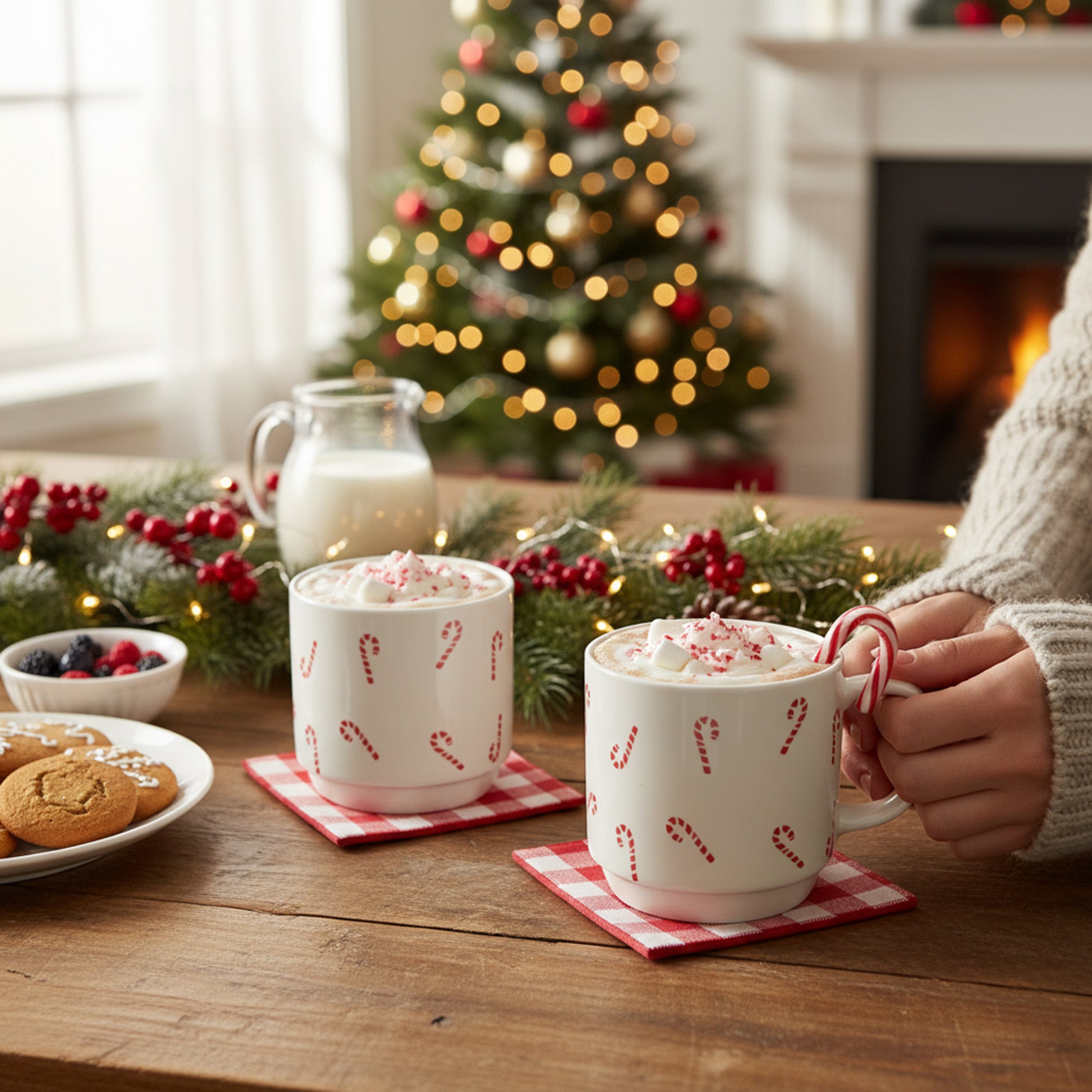 Ceramic Mug Candy Cane, Coffee Mug, Holiday Decor- Set of 2