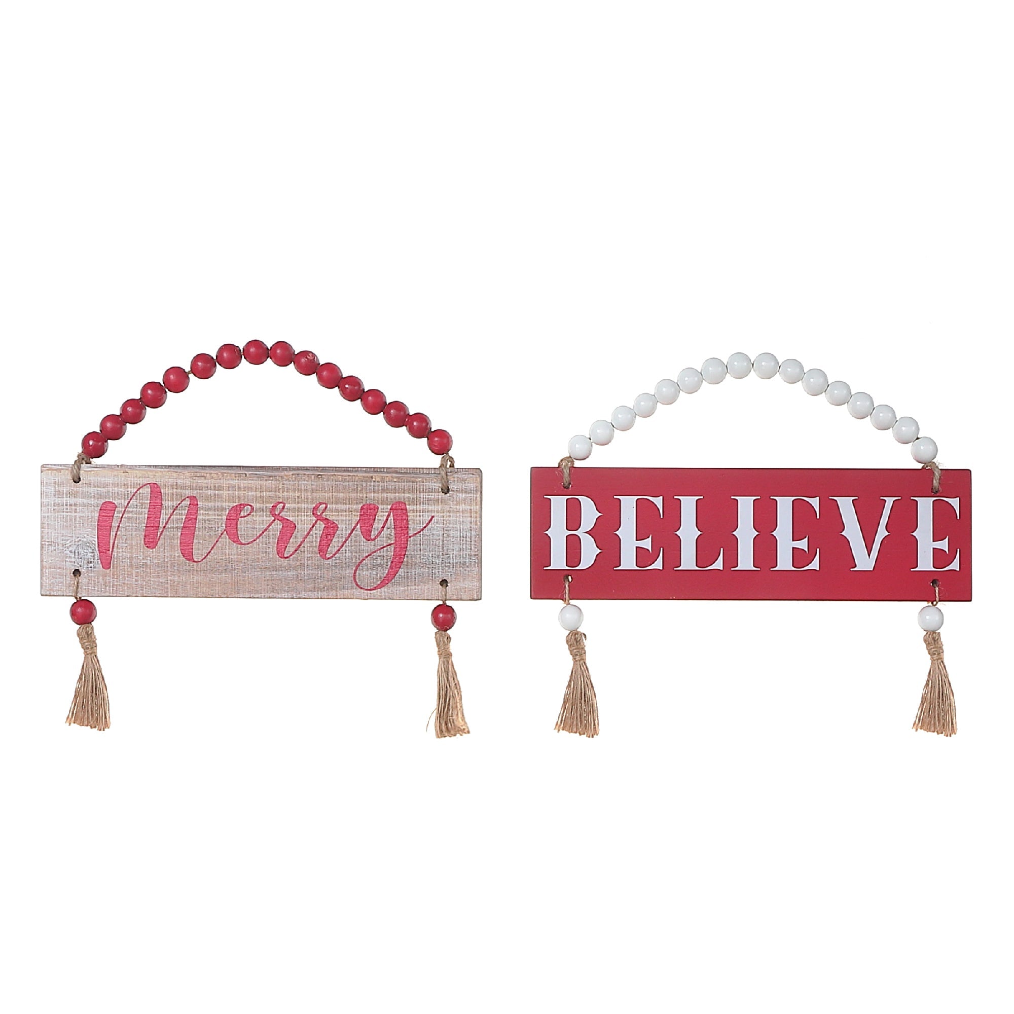 Christmas Beaded Hanger With Tassels Believe Merry Set Of 2, Holiday Wall Decor, Festive Accent