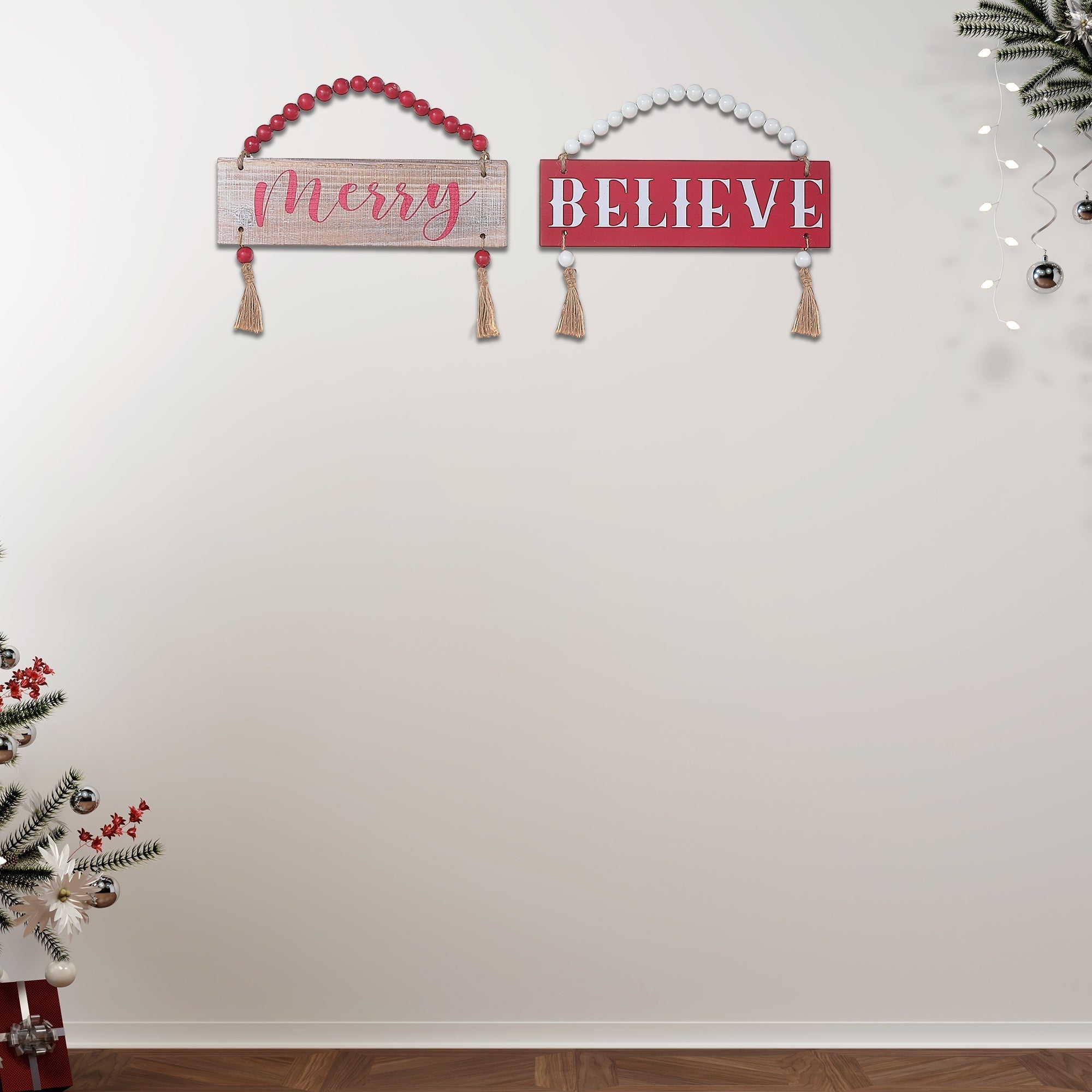 Christmas Beaded Hanger With Tassels Believe Merry Set Of 2, Holiday Wall Decor, Festive Accent