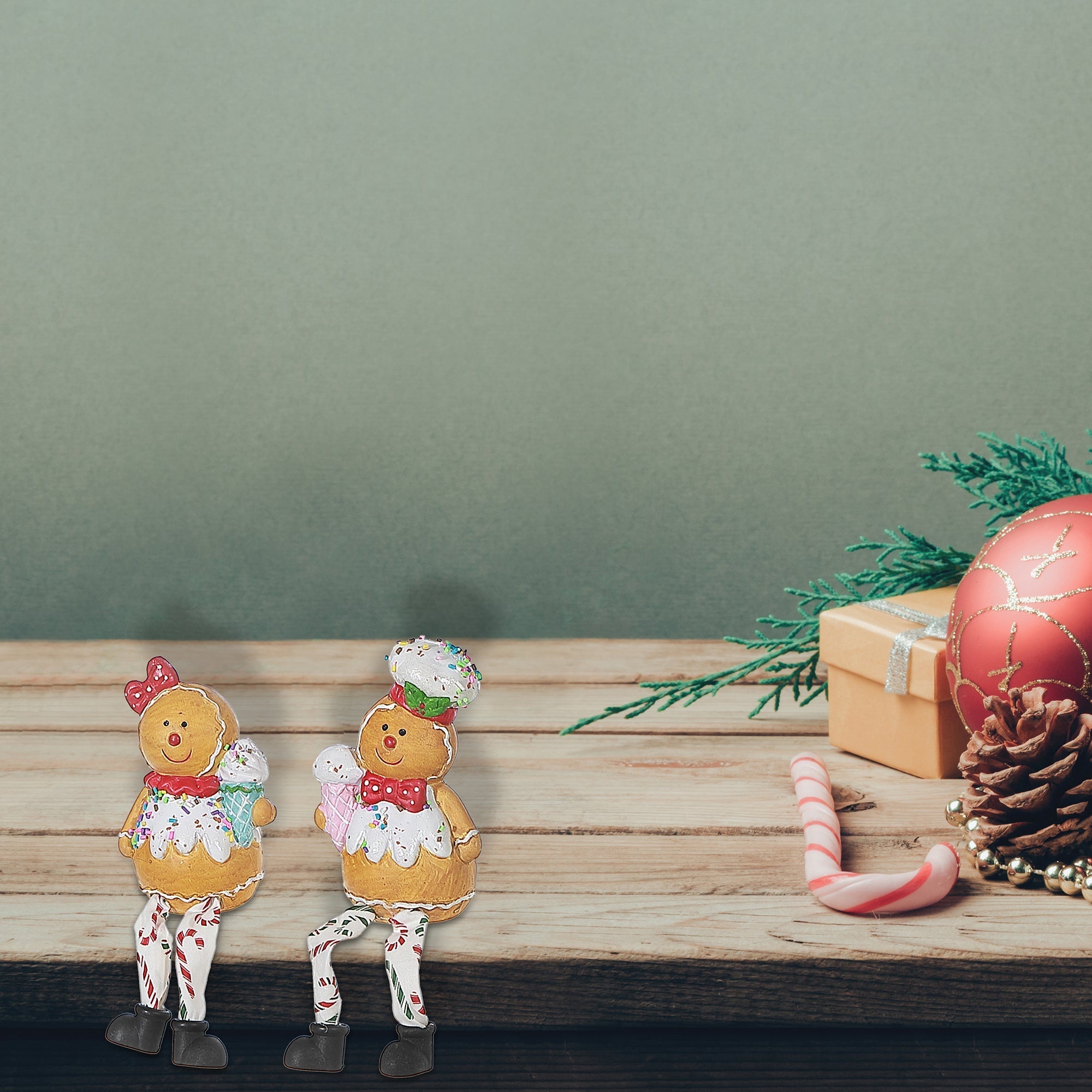 Polyresin Gingerbread Man Figurine, Christmas Gingerbread Decoration, Holiday Tabletop Decor - Set Of 2