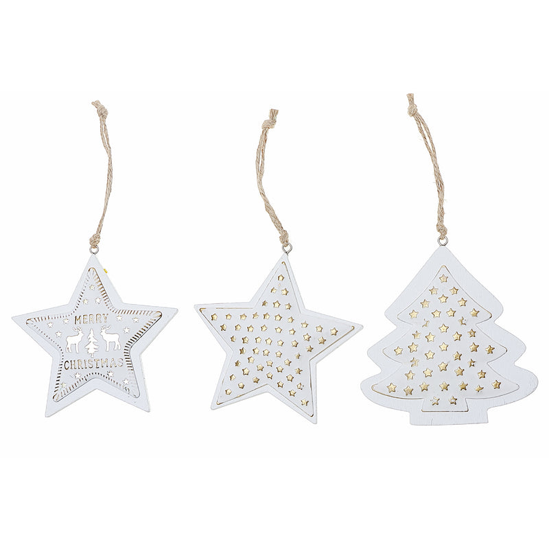 Wooden Star And Tree Ornament - Set of 12