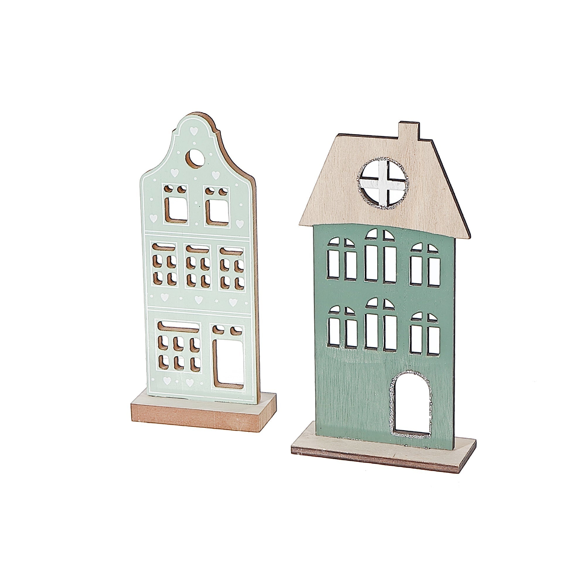Wooden Christmas House Decor, Christmas Village House Decoration, Holiday Tabletop Decor - Set Of 2