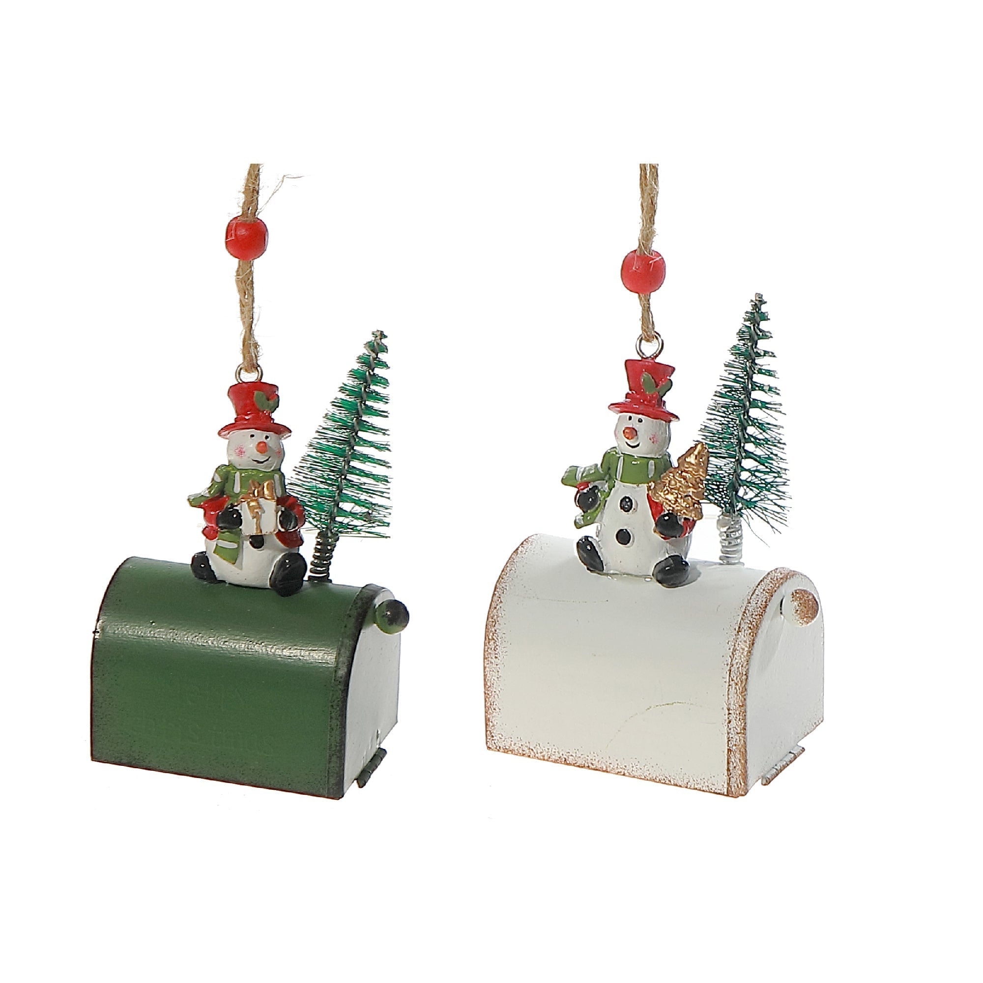Metal Mailbox Christmas Ornament with Snowman, Assorted Holiday Tree Decorations, Rustic Festive Hanging Ornaments, Set of 2