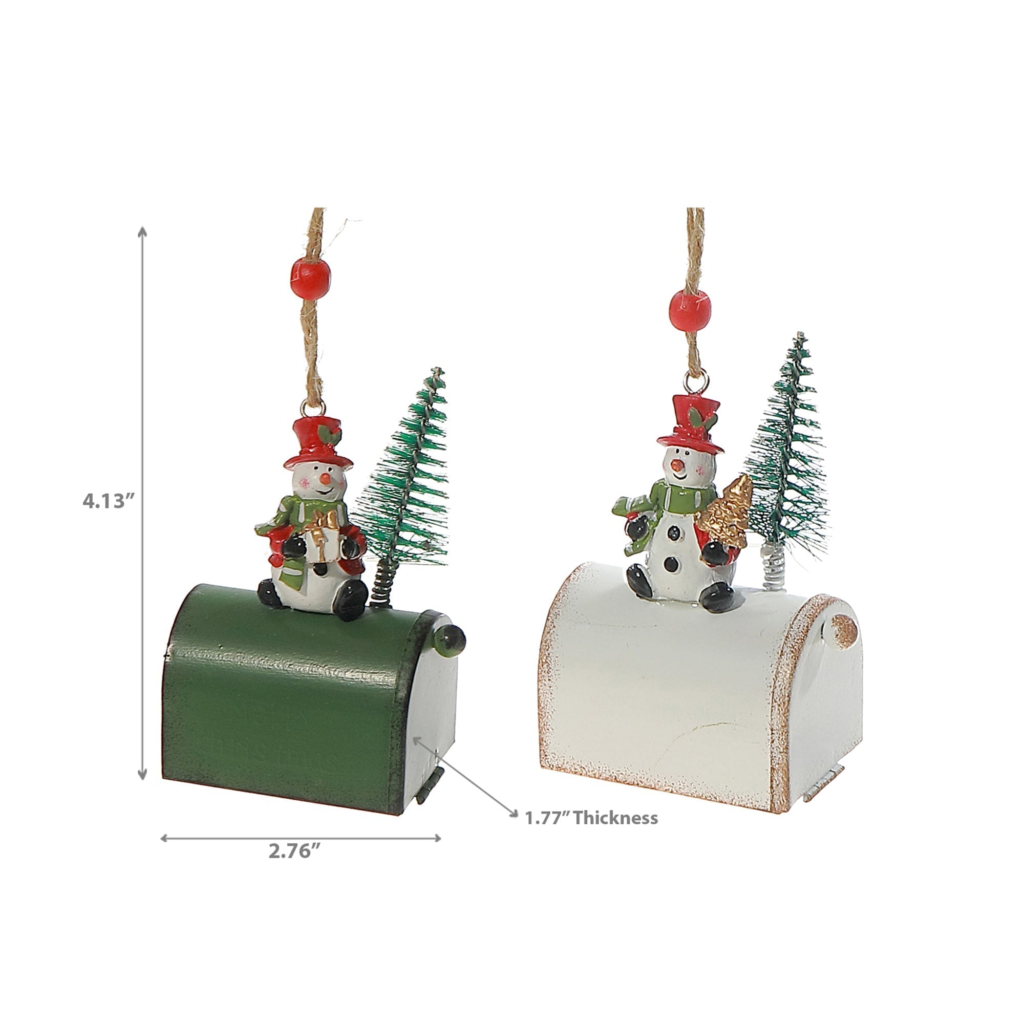 Metal Mailbox Christmas Ornament with Snowman, Assorted Holiday Tree Decorations, Rustic Festive Hanging Ornaments, Set of 2