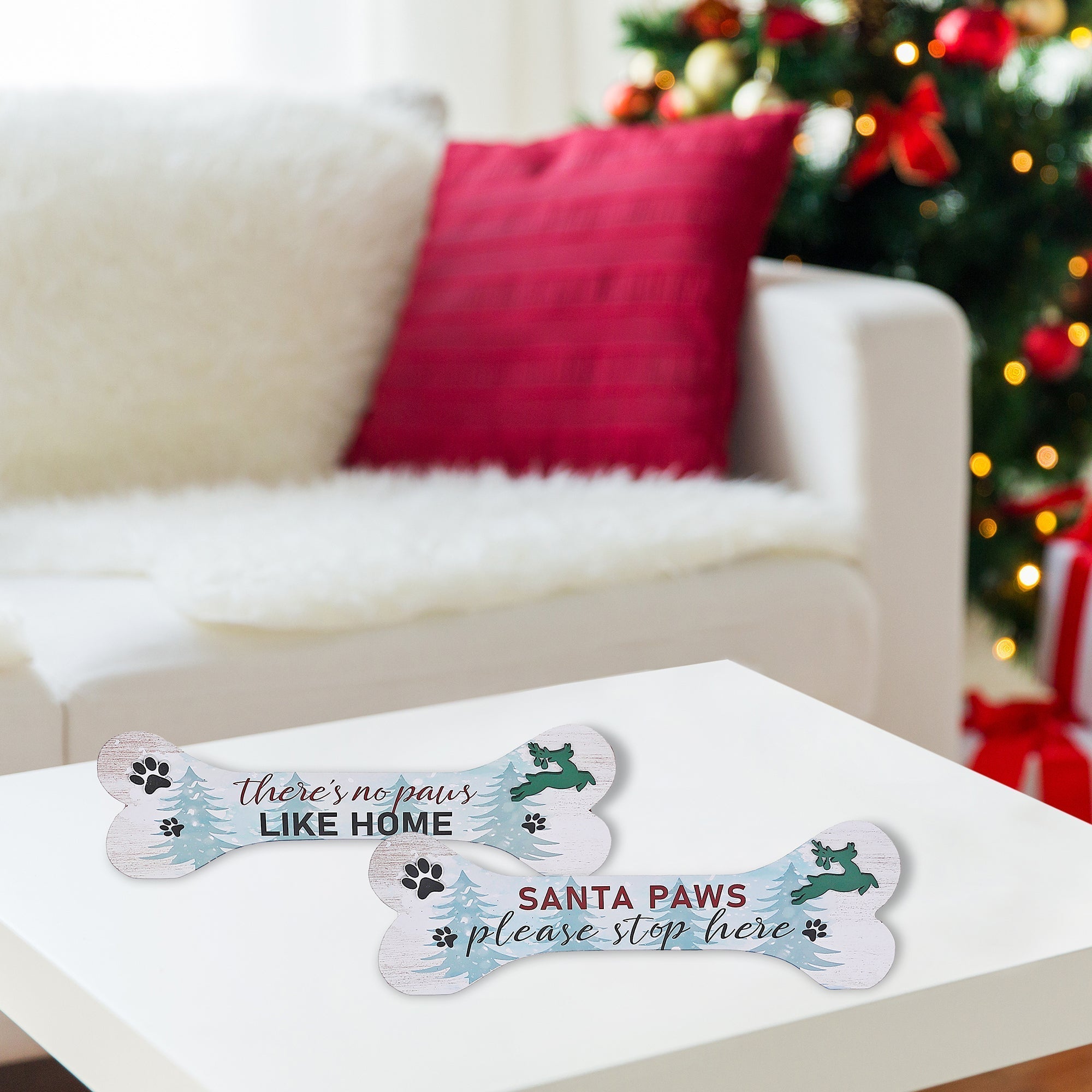 Christmas Bone Shape Holiday Paws Sign Set Of 2, Pet Lover Holiday Wall Decor