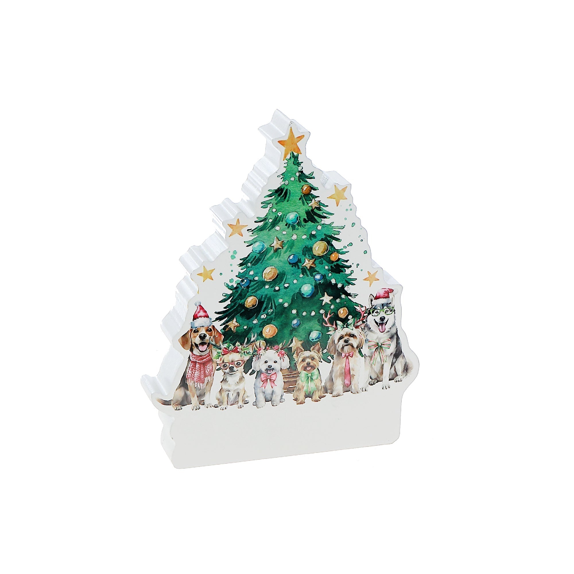 MDF Table Block Tree with Dogs – Christmas Tabletop Decoration, Holiday Accent, Festive Winter Figurine