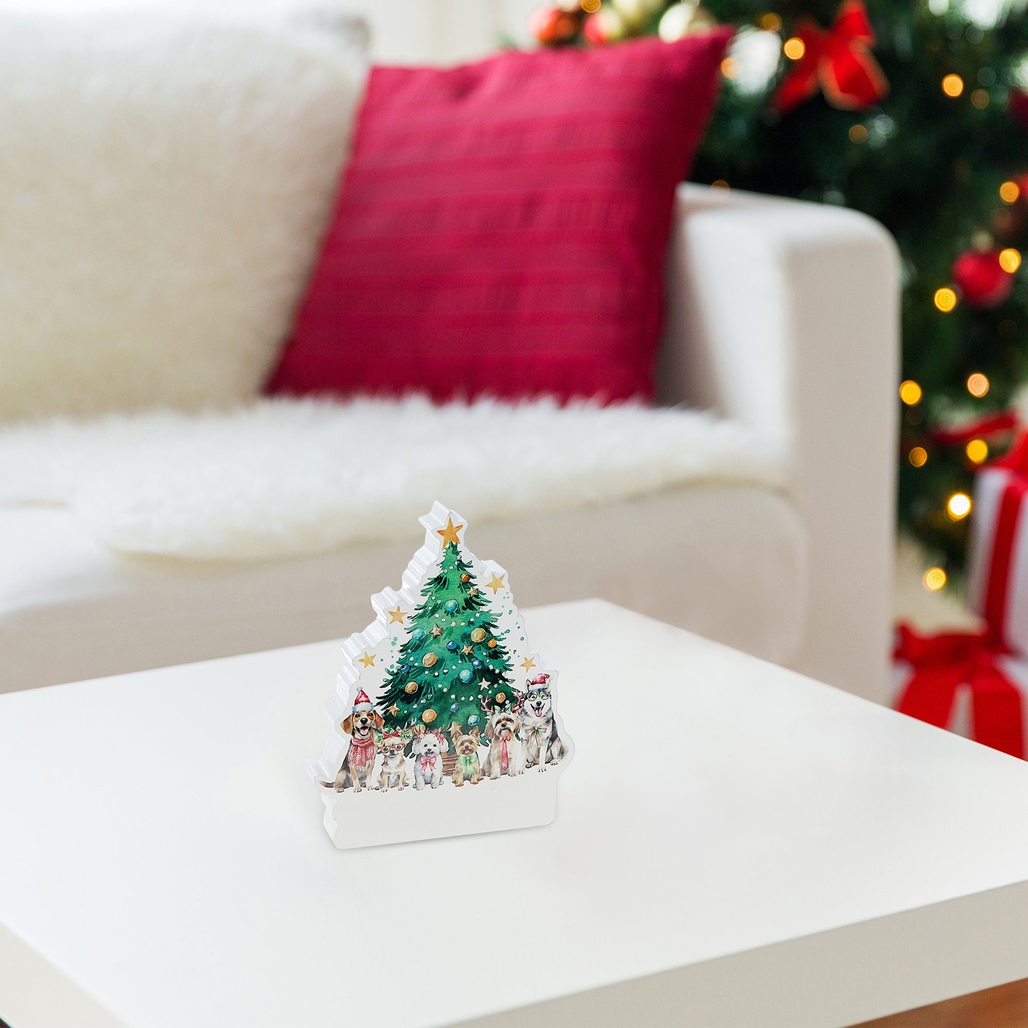 MDF Table Block Tree with Dogs – Christmas Tabletop Decoration, Holiday Accent, Festive Winter Figurine